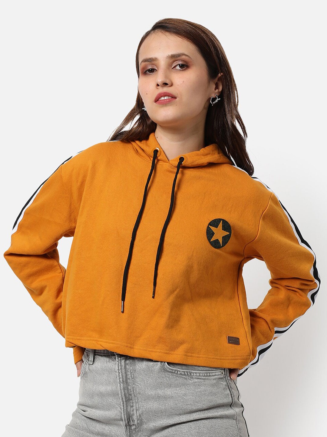 

Campus Sutra Women Yellow Hooded Sweatshirt