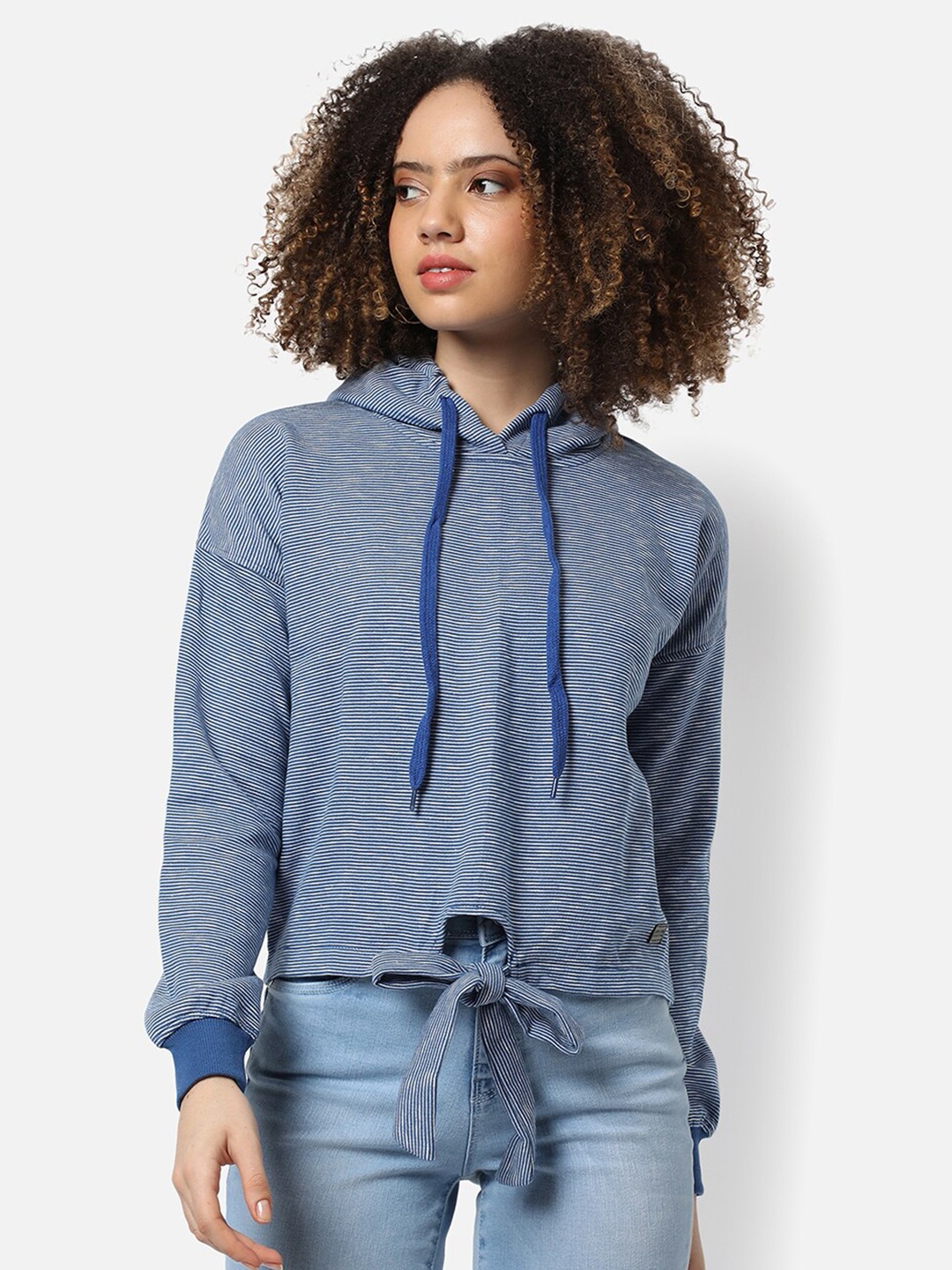 

Campus Sutra Women Blue Striped Hooded Sweatshirt