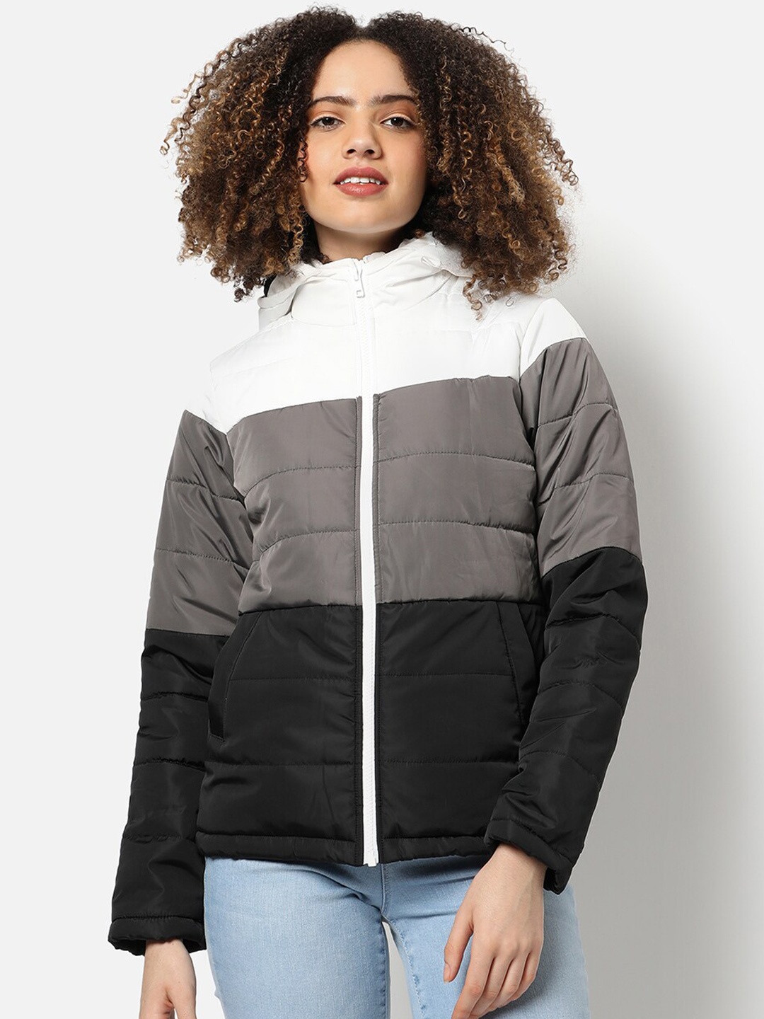 

Campus Sutra Women White & Grey Colourblocked Hooded Outdoor Padded Jacket