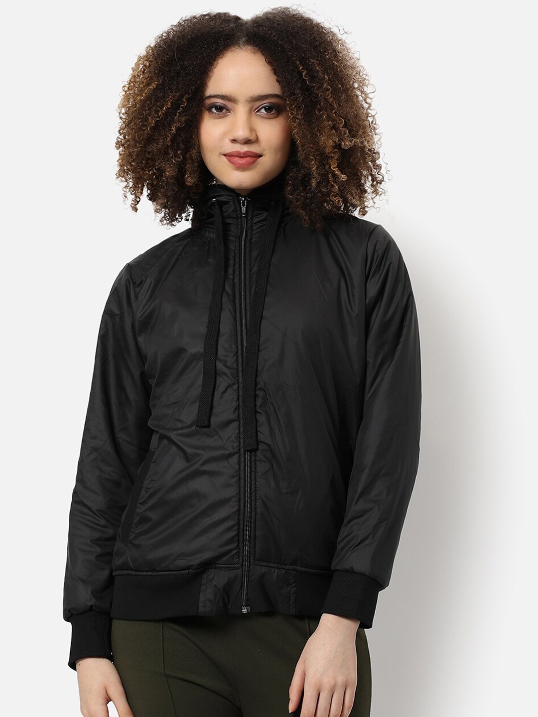 

Campus Sutra Women Black Windcheater Outdoor Bomber Jacket