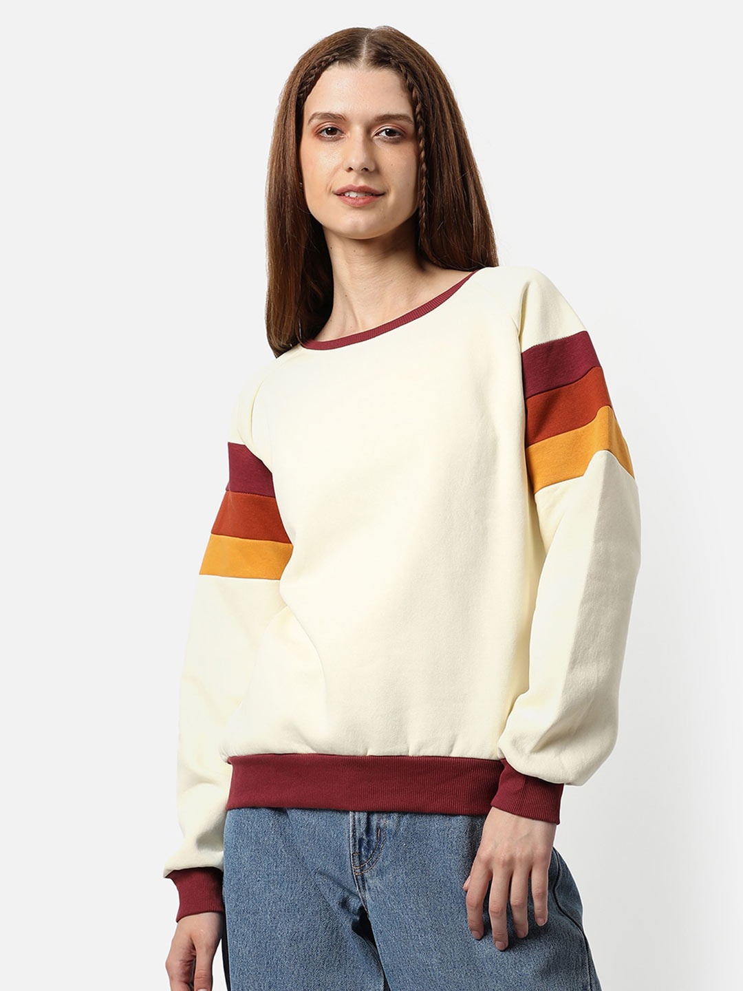 

Campus Sutra Women Cream-Coloured & Brown Colourblocked Pullover