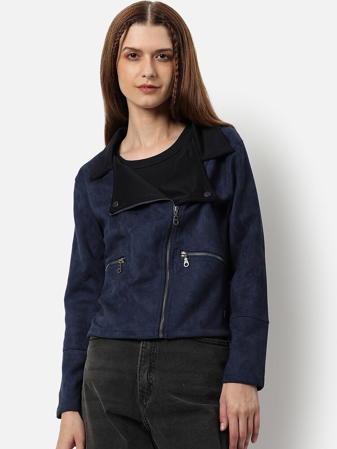 

Campus Sutra Women Navy Blue Suede Windcheater Crop Outdoor Tailored Jacket