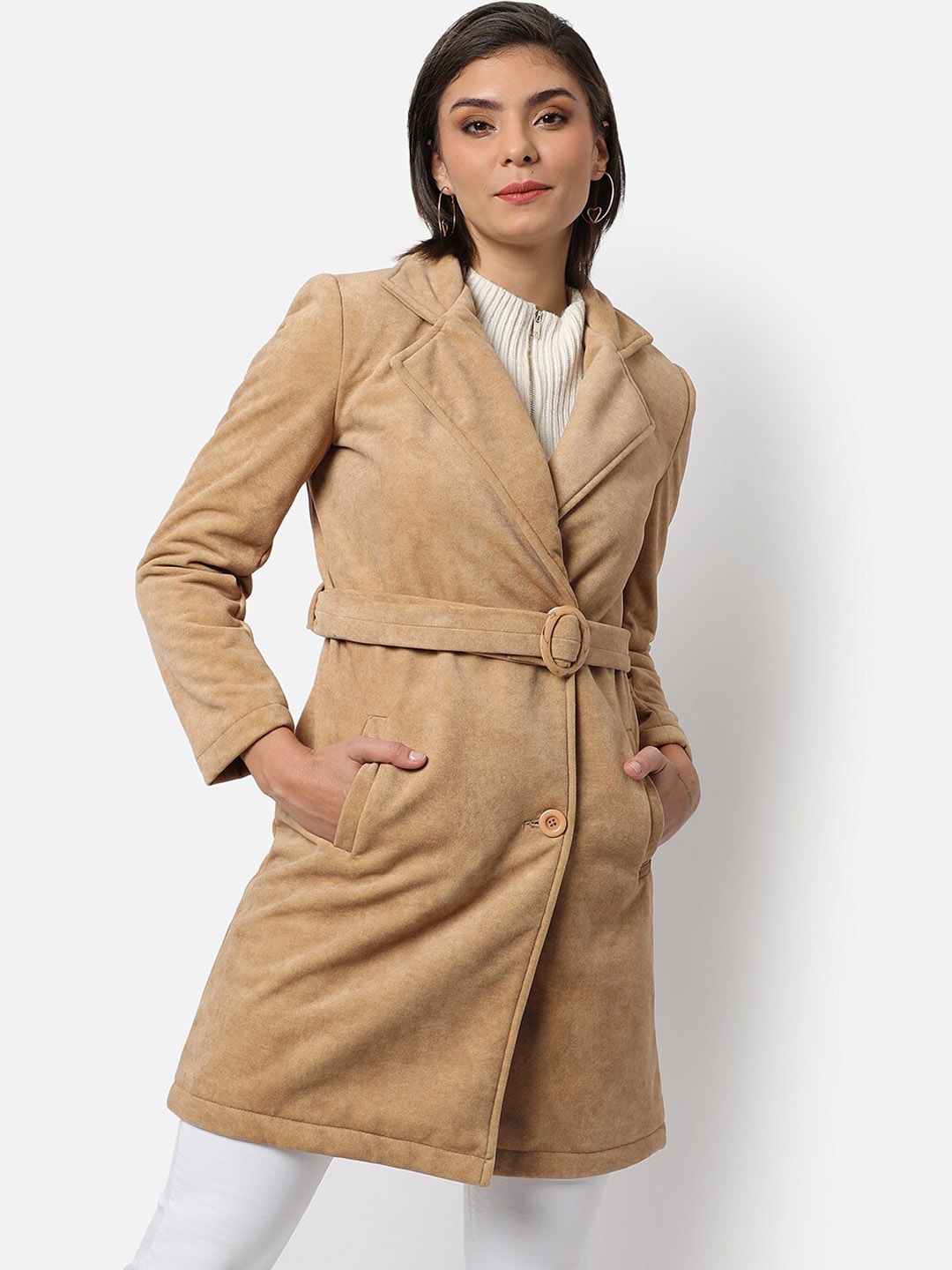 

Campus Sutra Women Beige Solid Long Coats