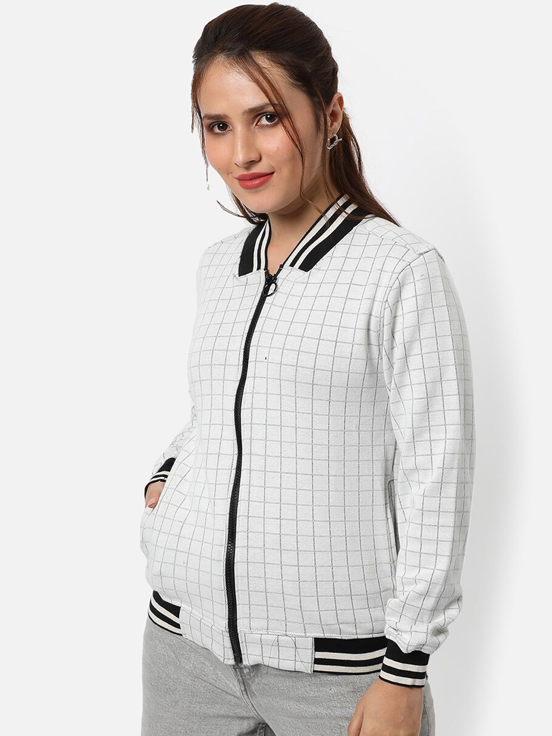 

Campus Sutra Women Off White Checked Windcheater Outdoor Bomber Jacket
