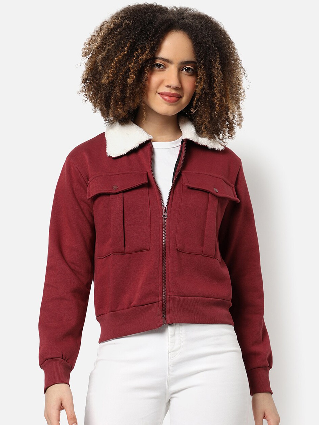 

Campus Sutra Women Maroon Cotton Windcheater Crop Outdoor Tailored Jacket