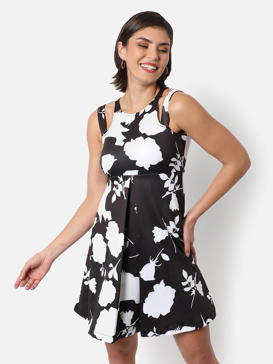 

Campus Sutra Black & White Floral Satin Dress