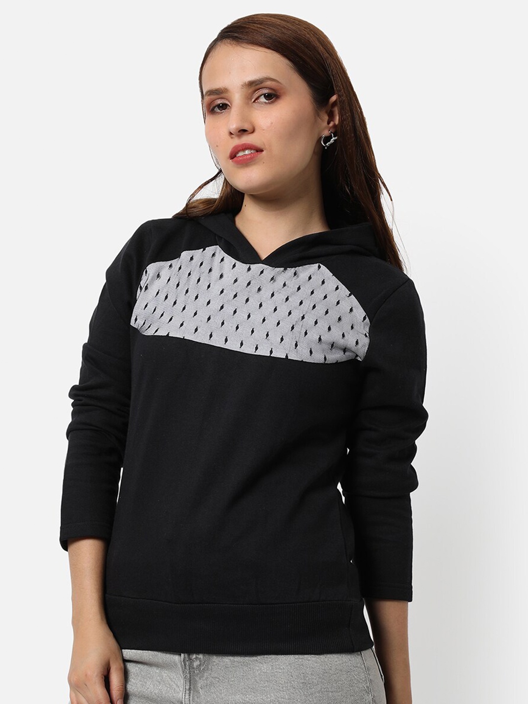 

Campus Sutra Women Black Colourblocked Hooded Sweatshirt