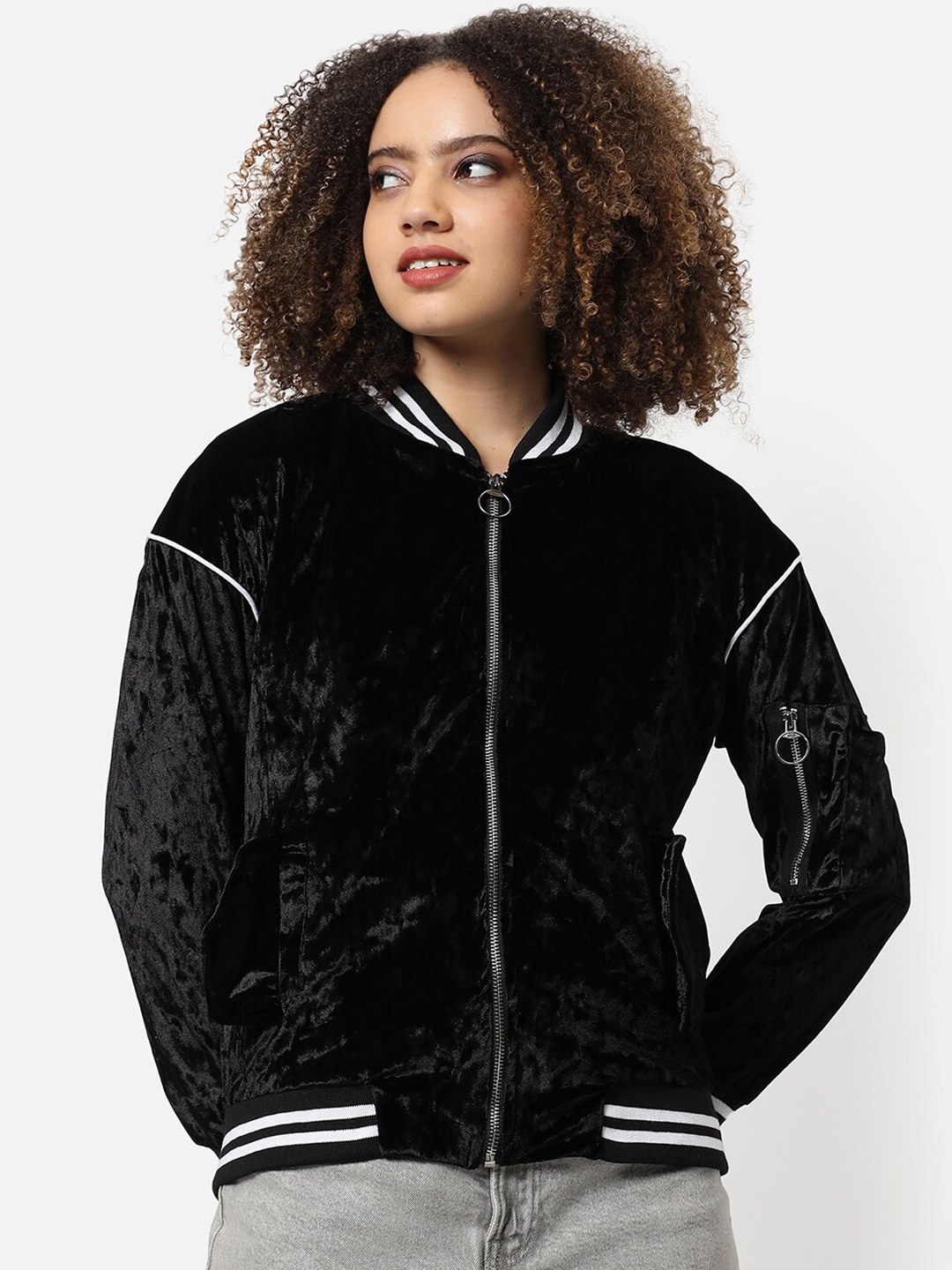 

Campus Sutra Women Black Solid Windcheater Regular Fit Cotton Bomber Jacket