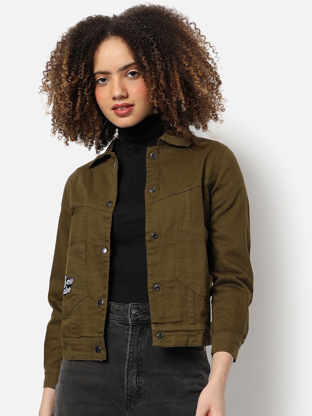 

Campus Sutra Women Olive Green Windcheater Outdoor Denim Jacket