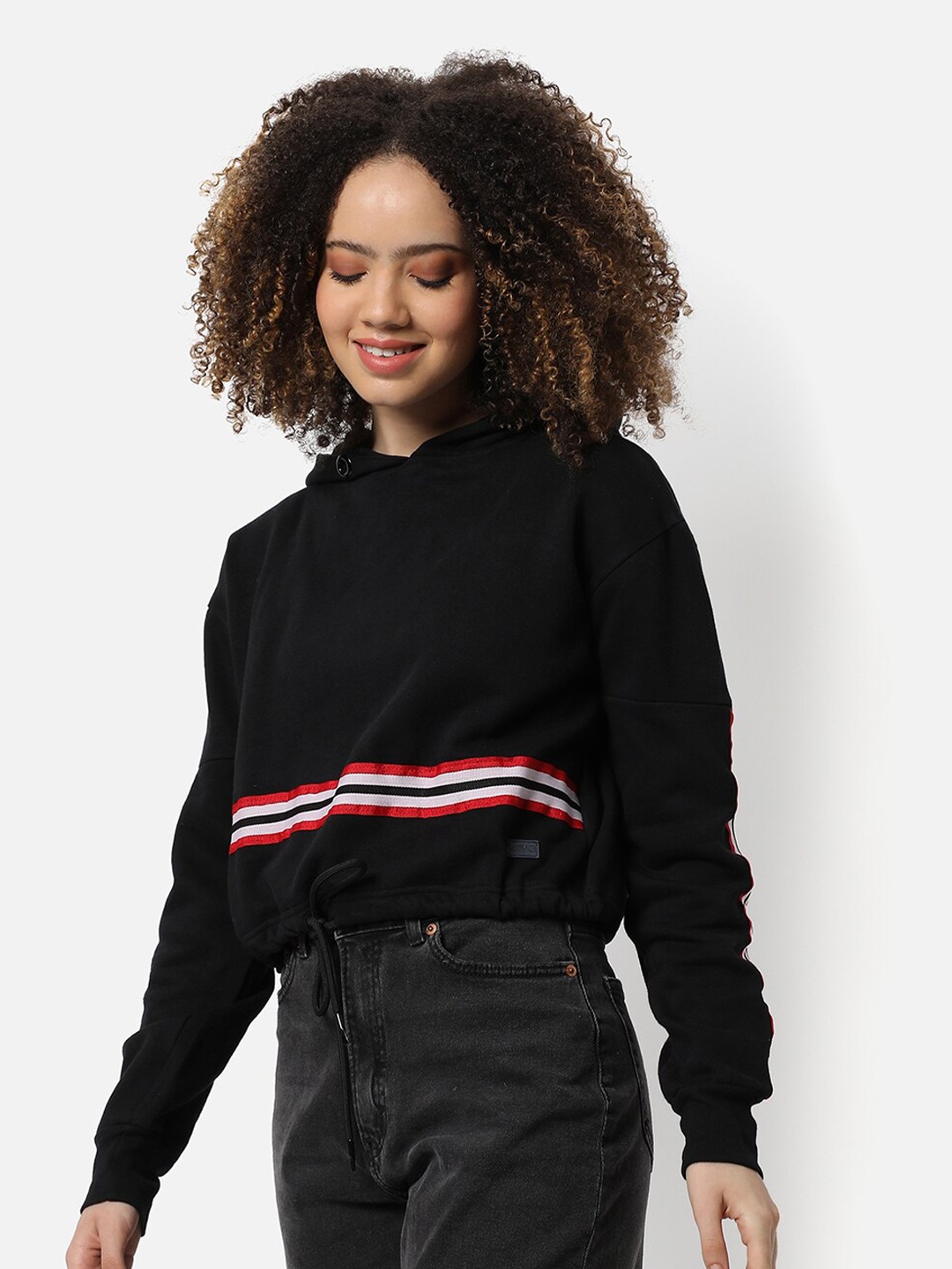 

Campus Sutra Women Black Striped Hooded Cotton Sweatshirt