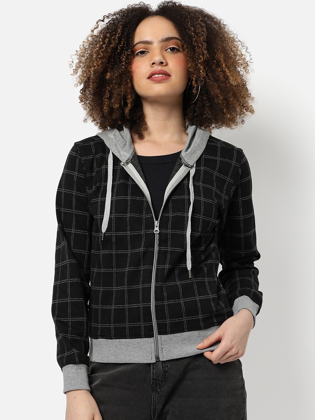 

Campus Sutra Women Black Grey Checked Cotton Outdoor Open Front Jacket