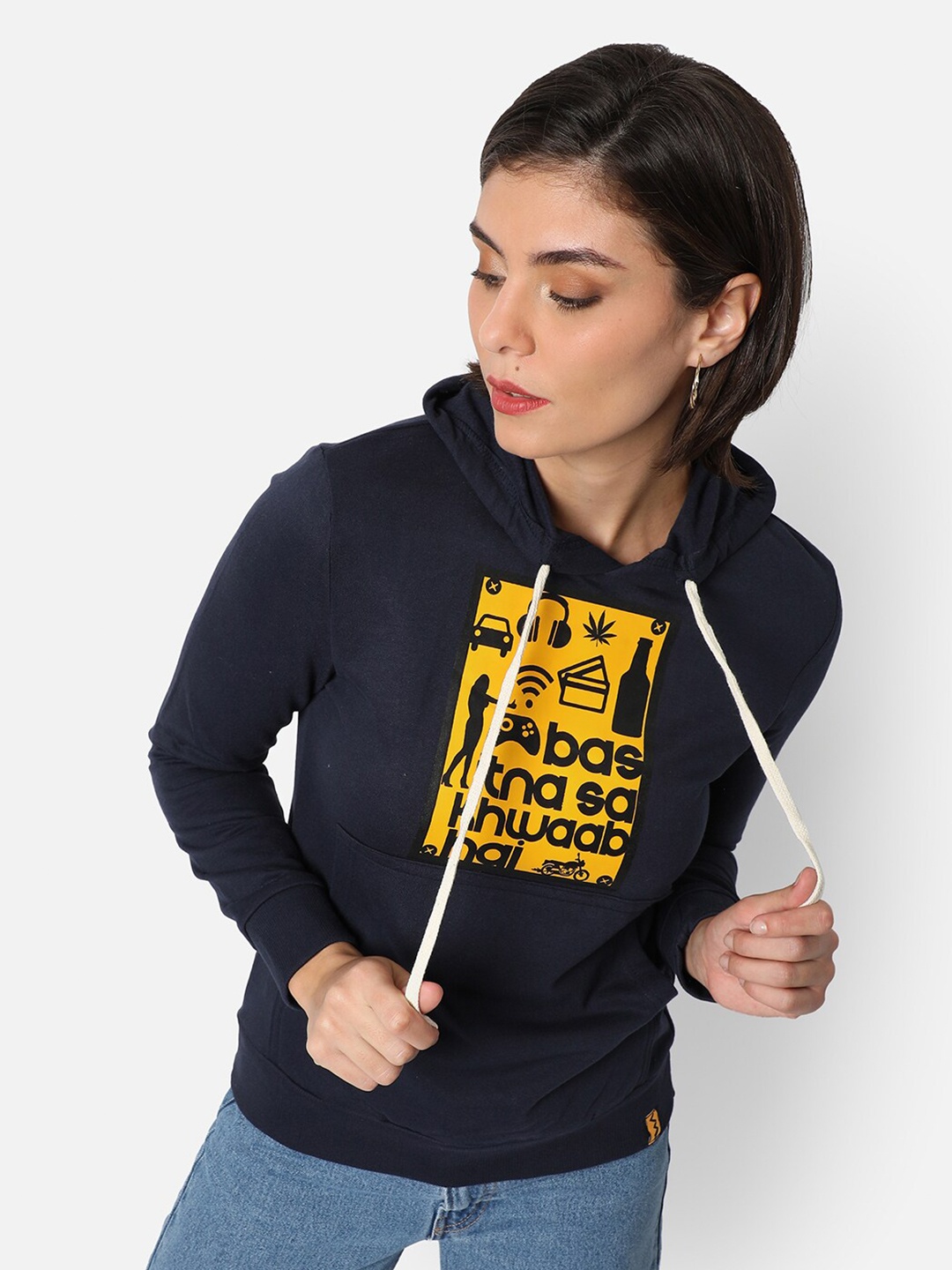 

Campus Sutra Women Navy Blue Printed Hooded Cotton Sweatshirt