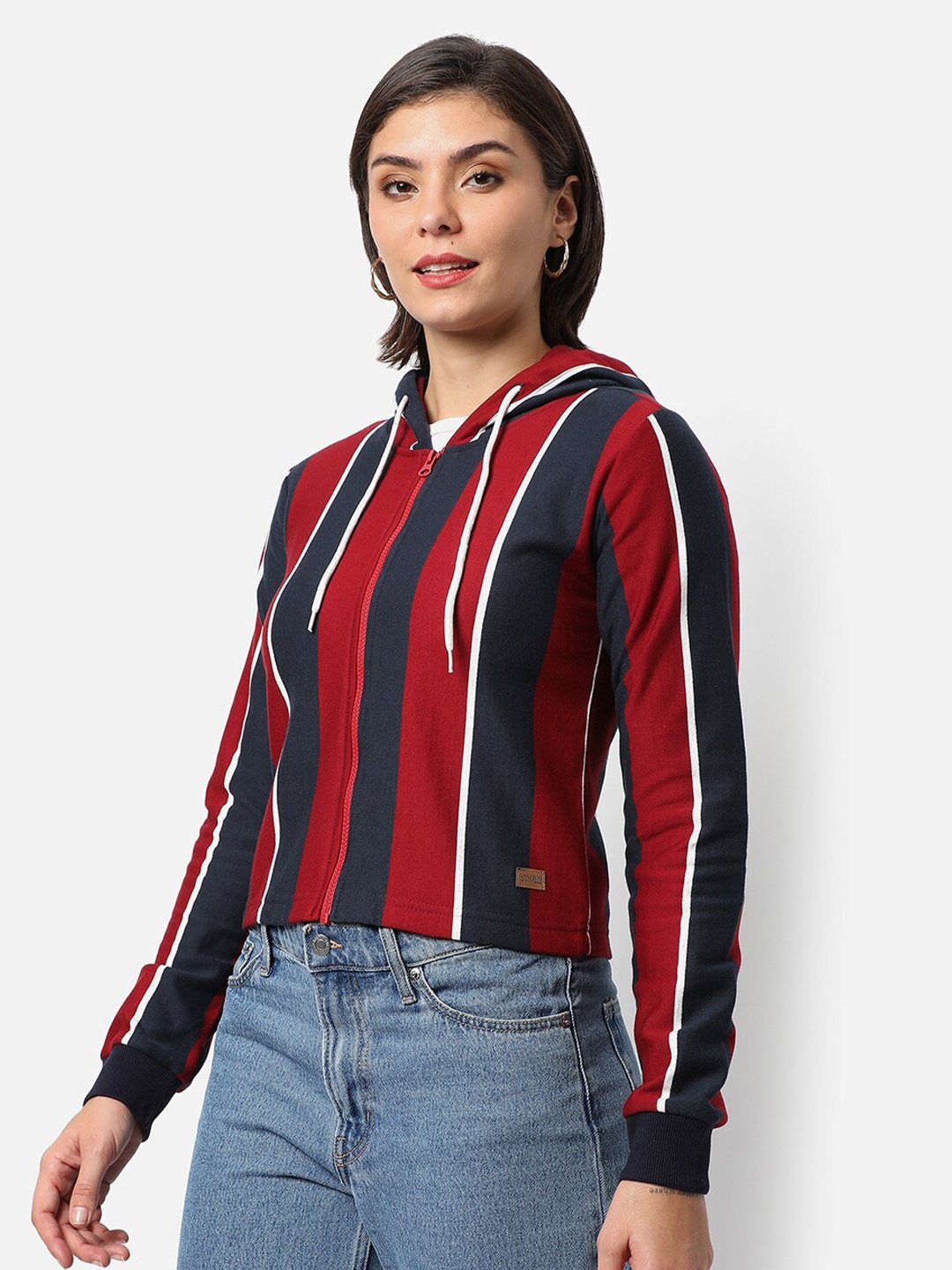 

Campus Sutra Women Navy Blue & Red Striped Hooded Sweatshirt