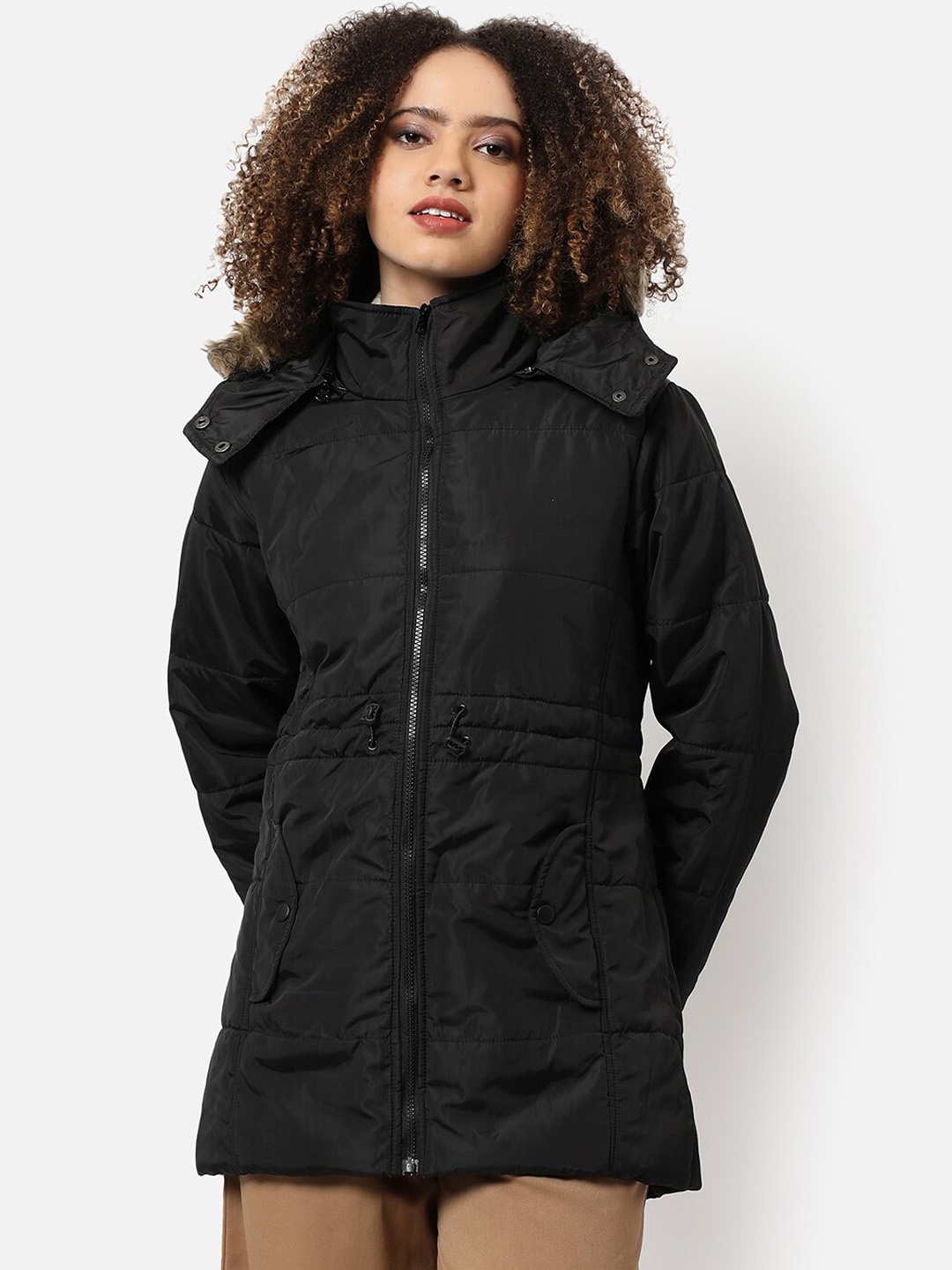 

Campus Sutra Women Black Windcheater Outdoor Hooded Parka Jacket
