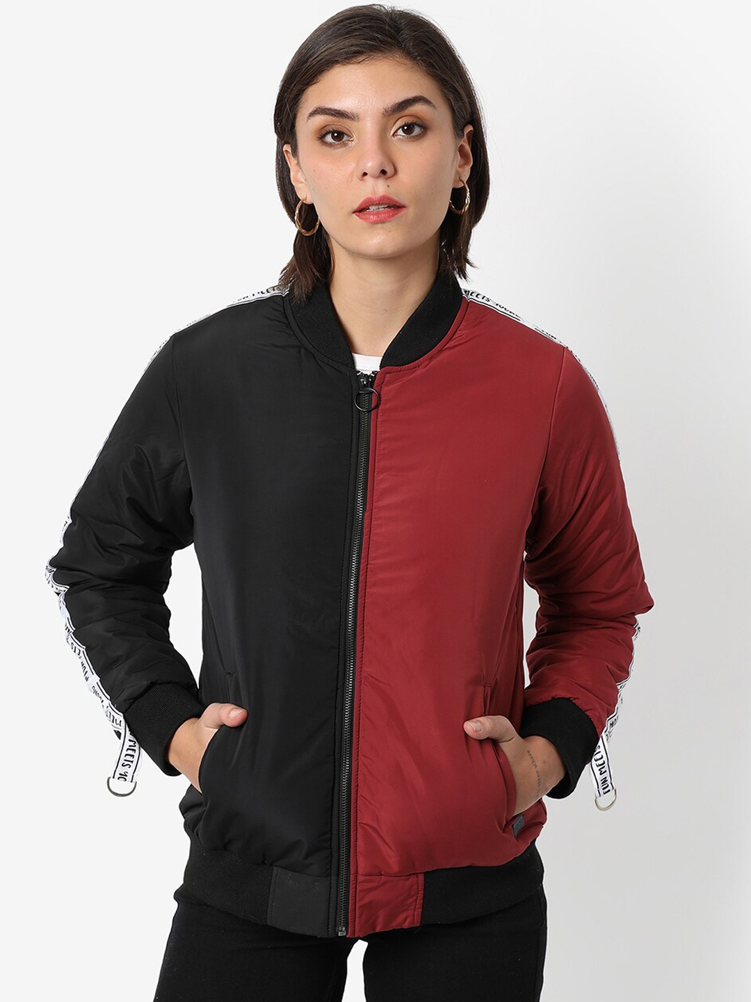 

Campus Sutra Women Black Colourblocked Windcheater Outdoor Bomber Jacket