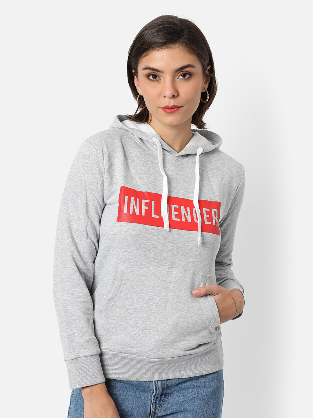 

Campus Sutra Women Grey Printed Hooded Sweatshirt