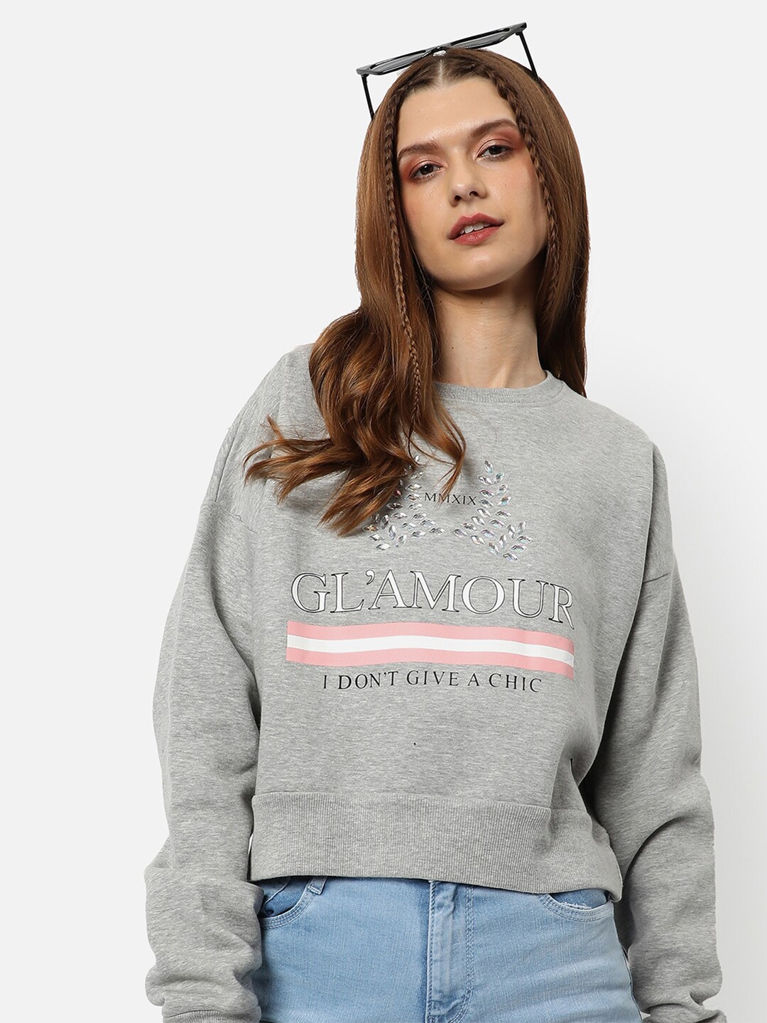 

Campus Sutra Women Grey Embellished Sweatshirt