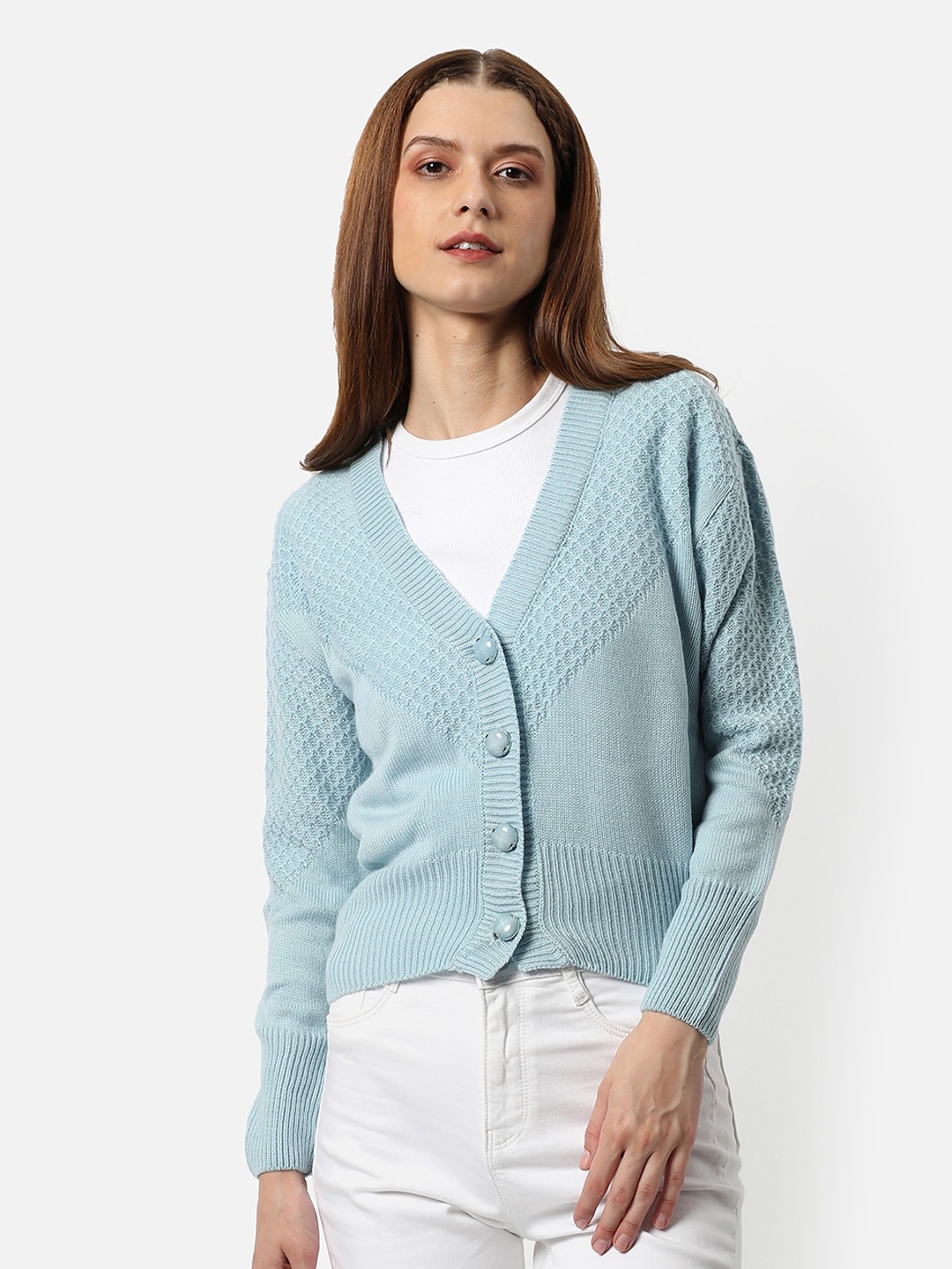 

Campus Sutra Women Blue Crop Woolen Cardigan