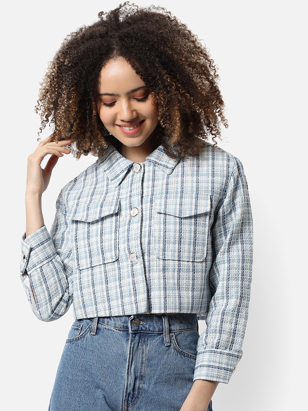 

Campus Sutra Women Blue Striped Cropped Blazers