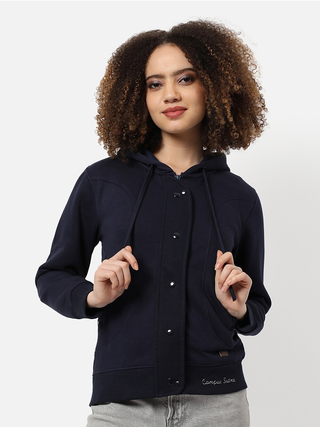 

Campus Sutra Women Blue Hooded Solid Sweatshirt