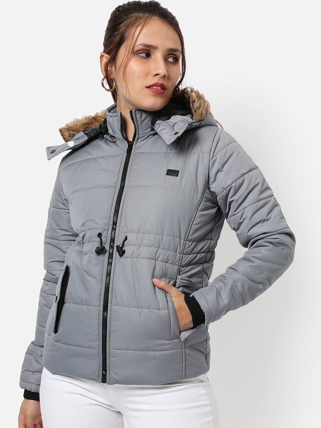 

Campus Sutra Women Grey Windcheater Hooded Padded Jacket