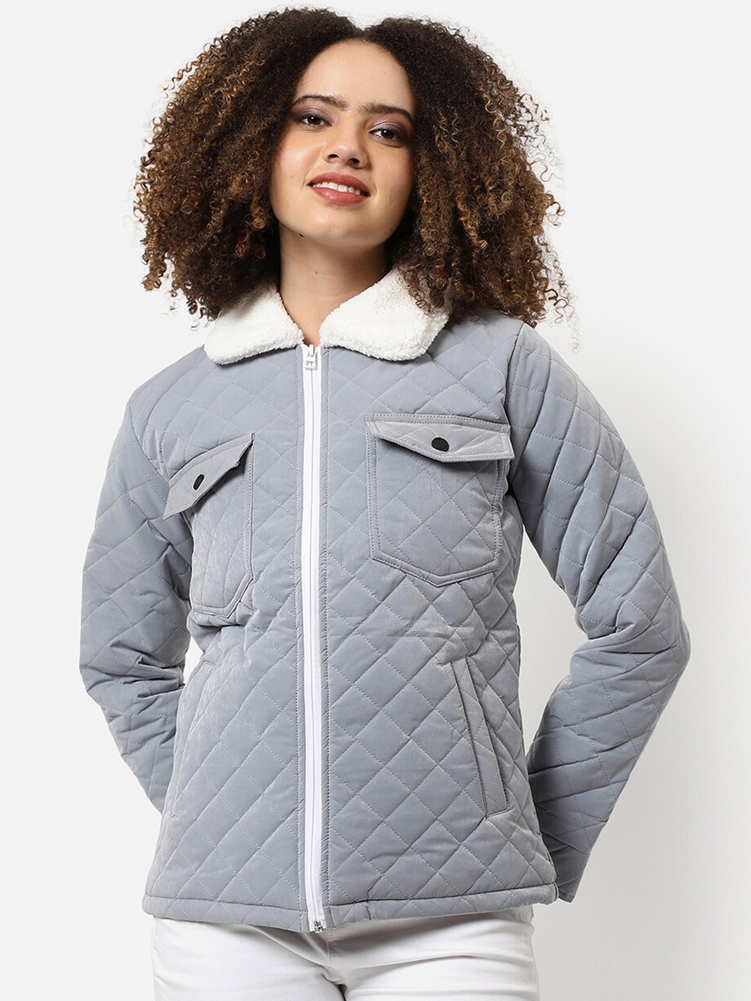 

Campus Sutra Women Grey Windcheater Crop Outdoor Quilted Jacket