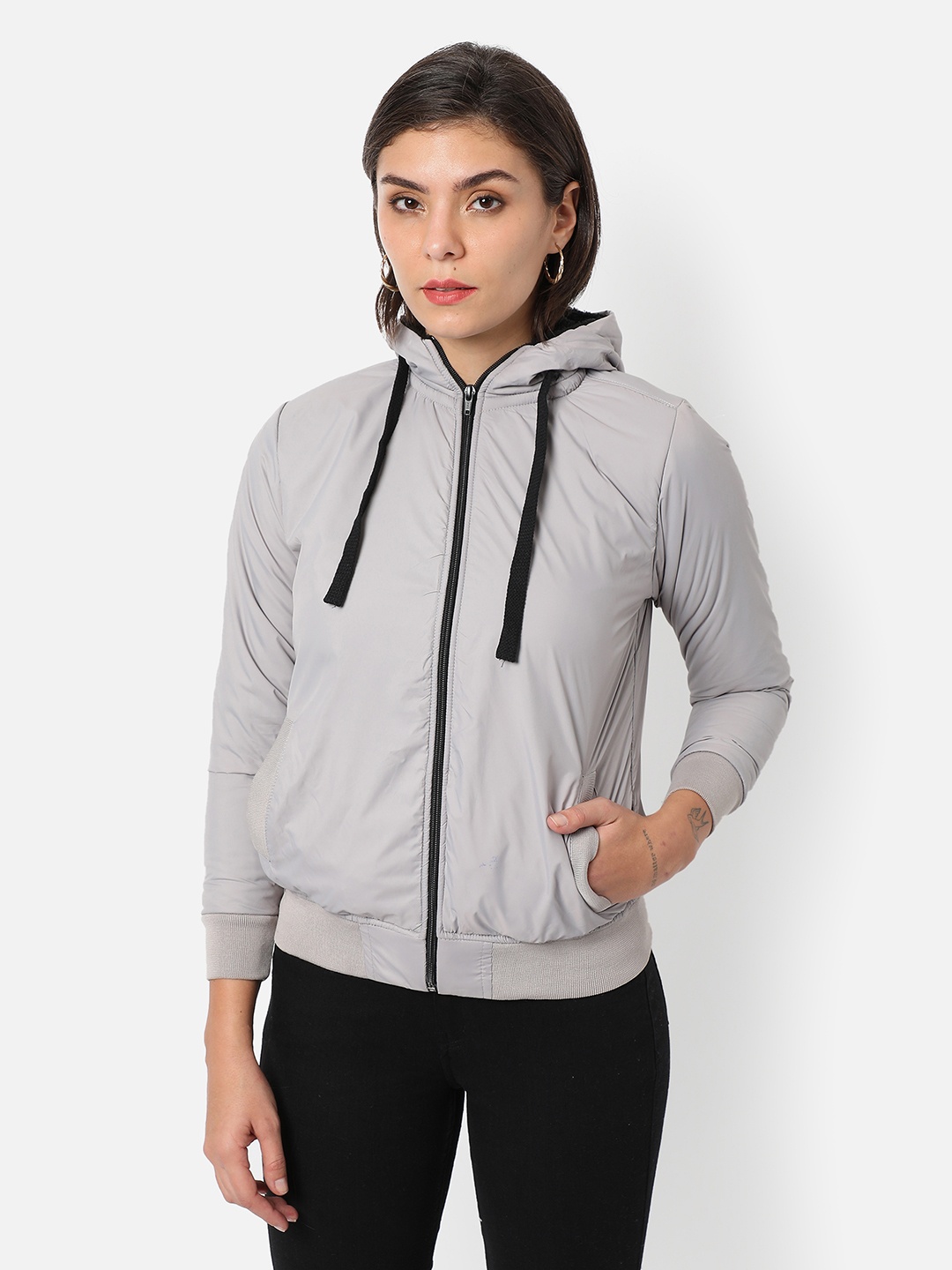 

Campus Sutra Women Grey Windcheater Outdoor Bomber Jacket