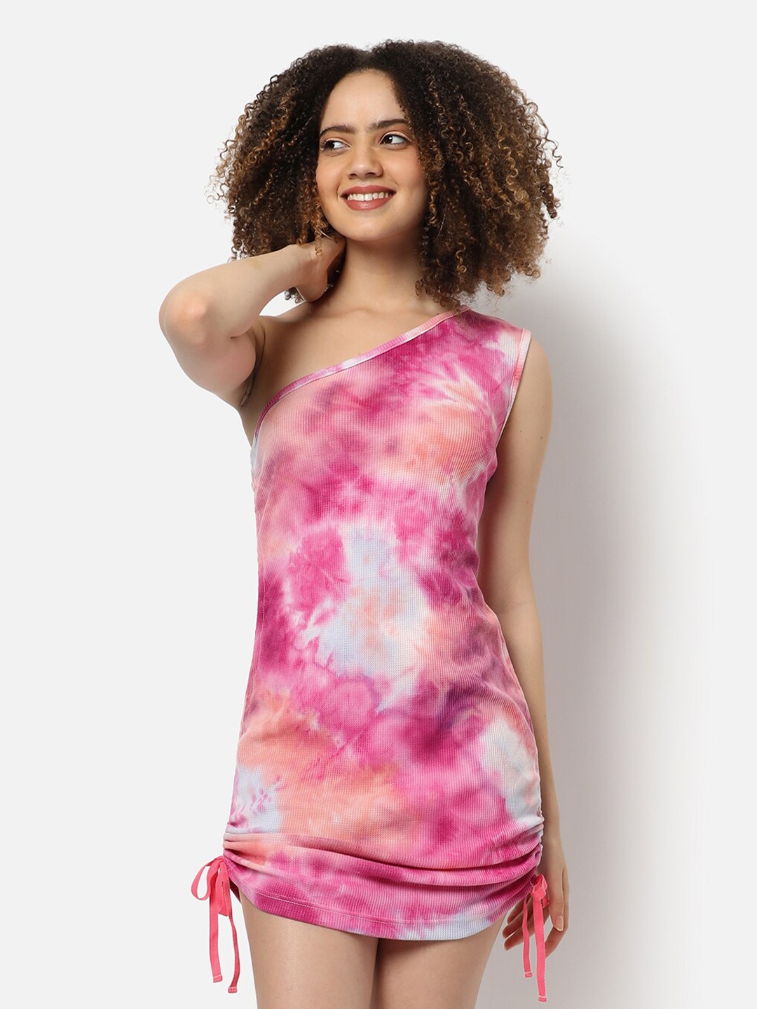 

Campus Sutra Pink Tie and Dye One Shoulder Bodycon Mini Dress