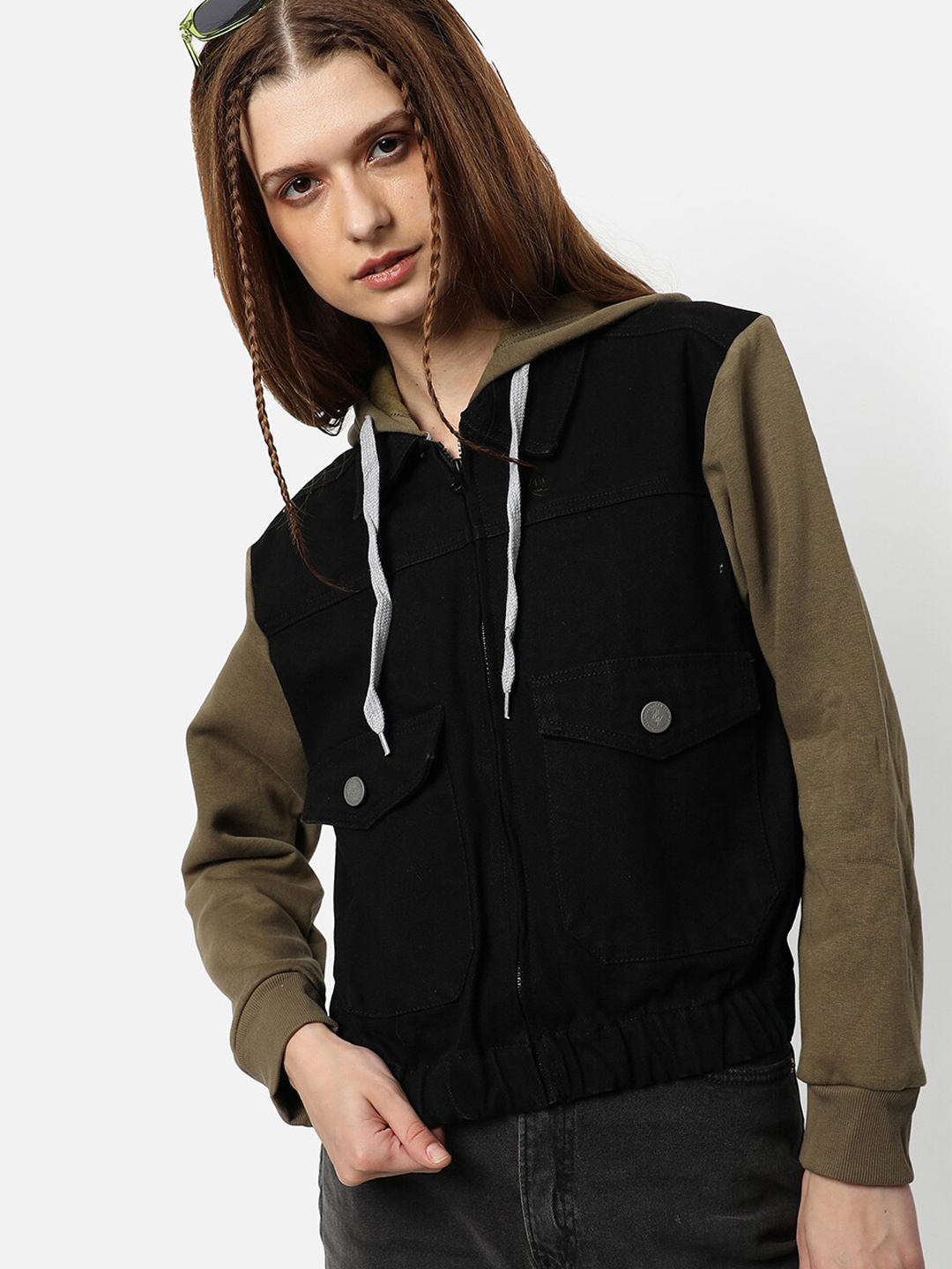 

Campus Sutra Women Black Olive Green Colourblocked Outdoor Tailored Jacket