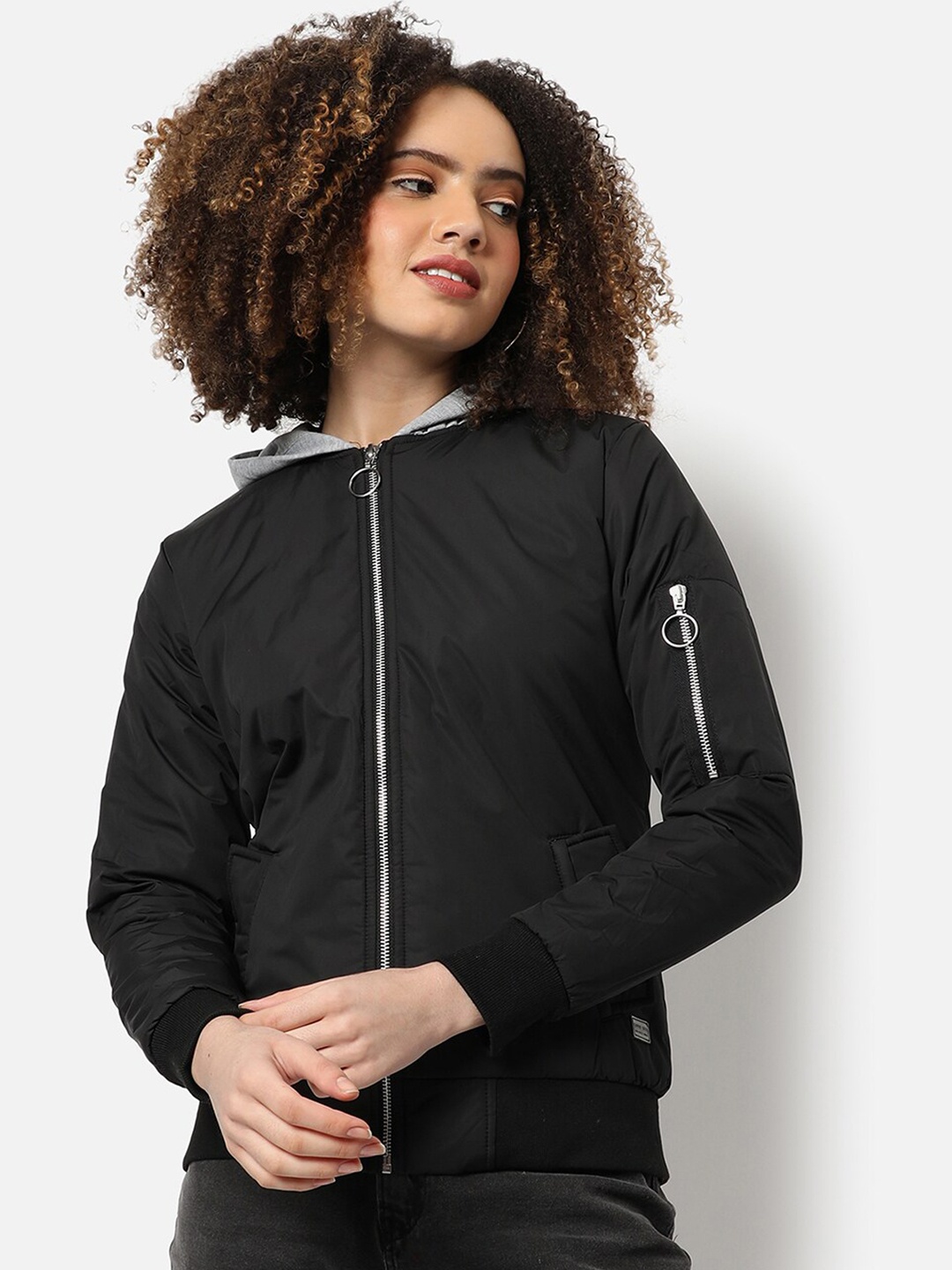 

Campus Sutra Women Black Windcheater Longline Outdoor Bomber Jacket