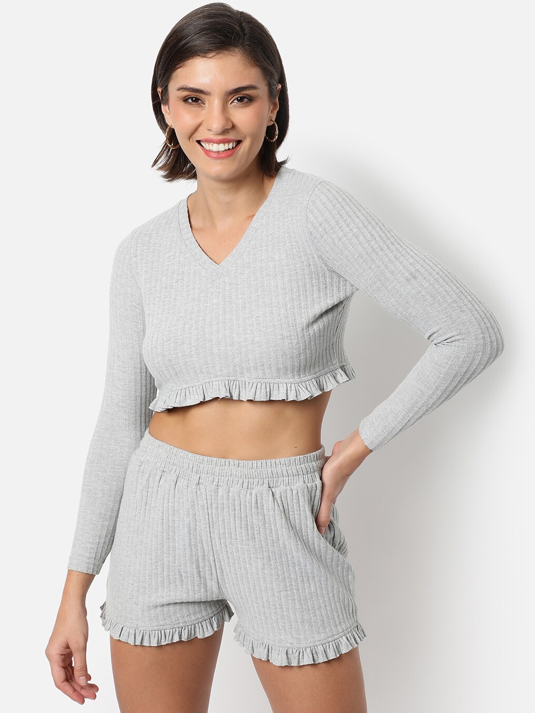 

Campus Sutra Women Grey Solid Pure Cotton Regular Fit Cropped Co-Ords