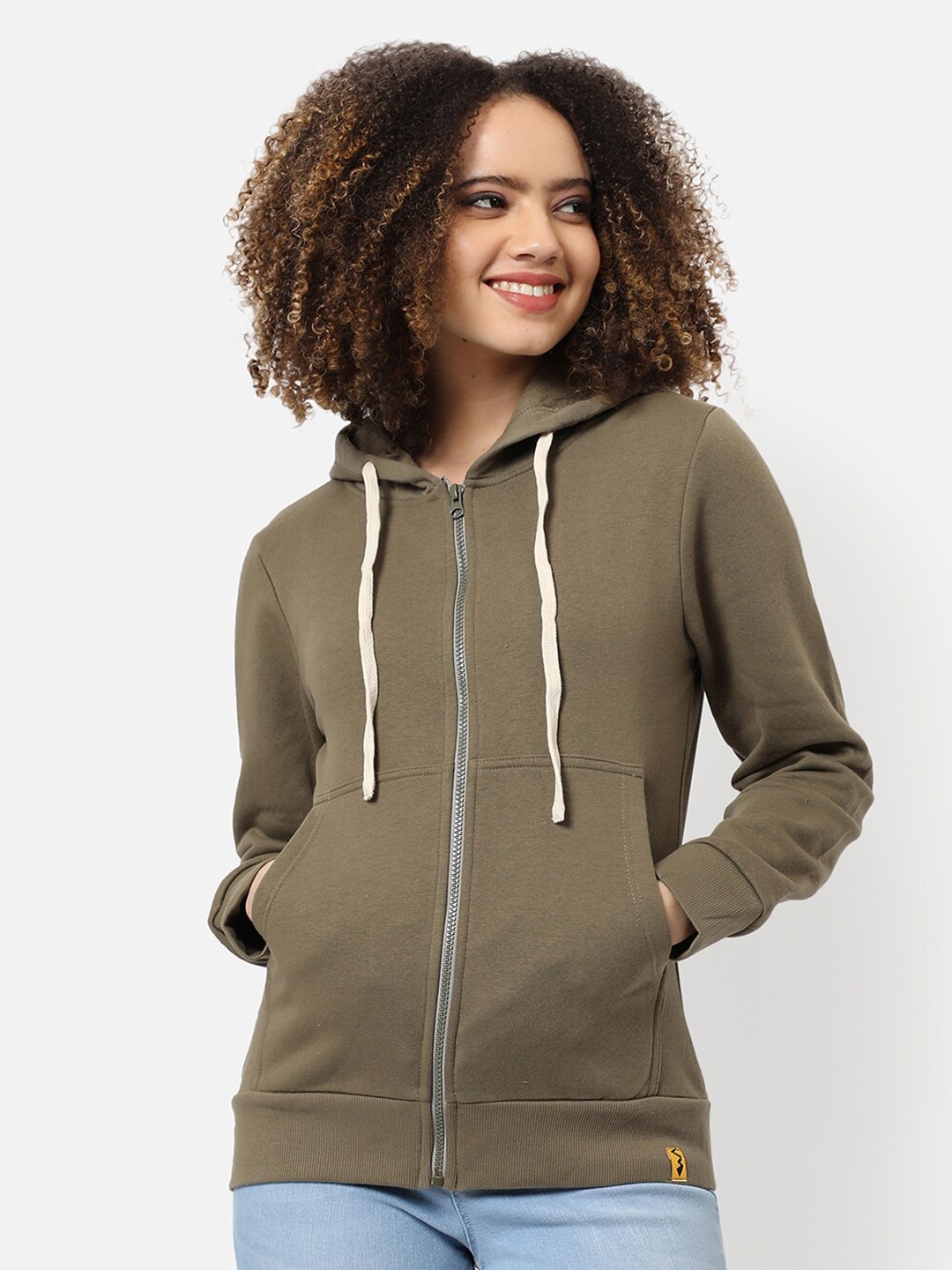 

Campus Sutra Women Olive Green Regular Fit Zipper Hooded Sweatshirt