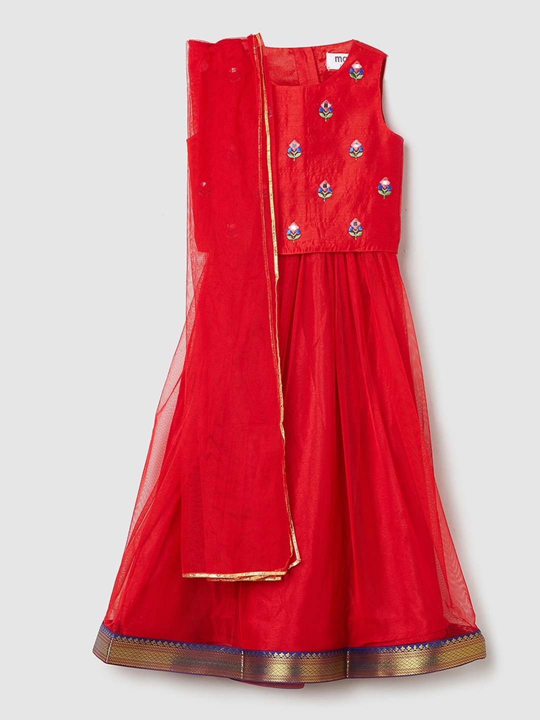

max Girls Red & Blue Embroidered Ready to Wear Lehenga & Blouse With Dupatta