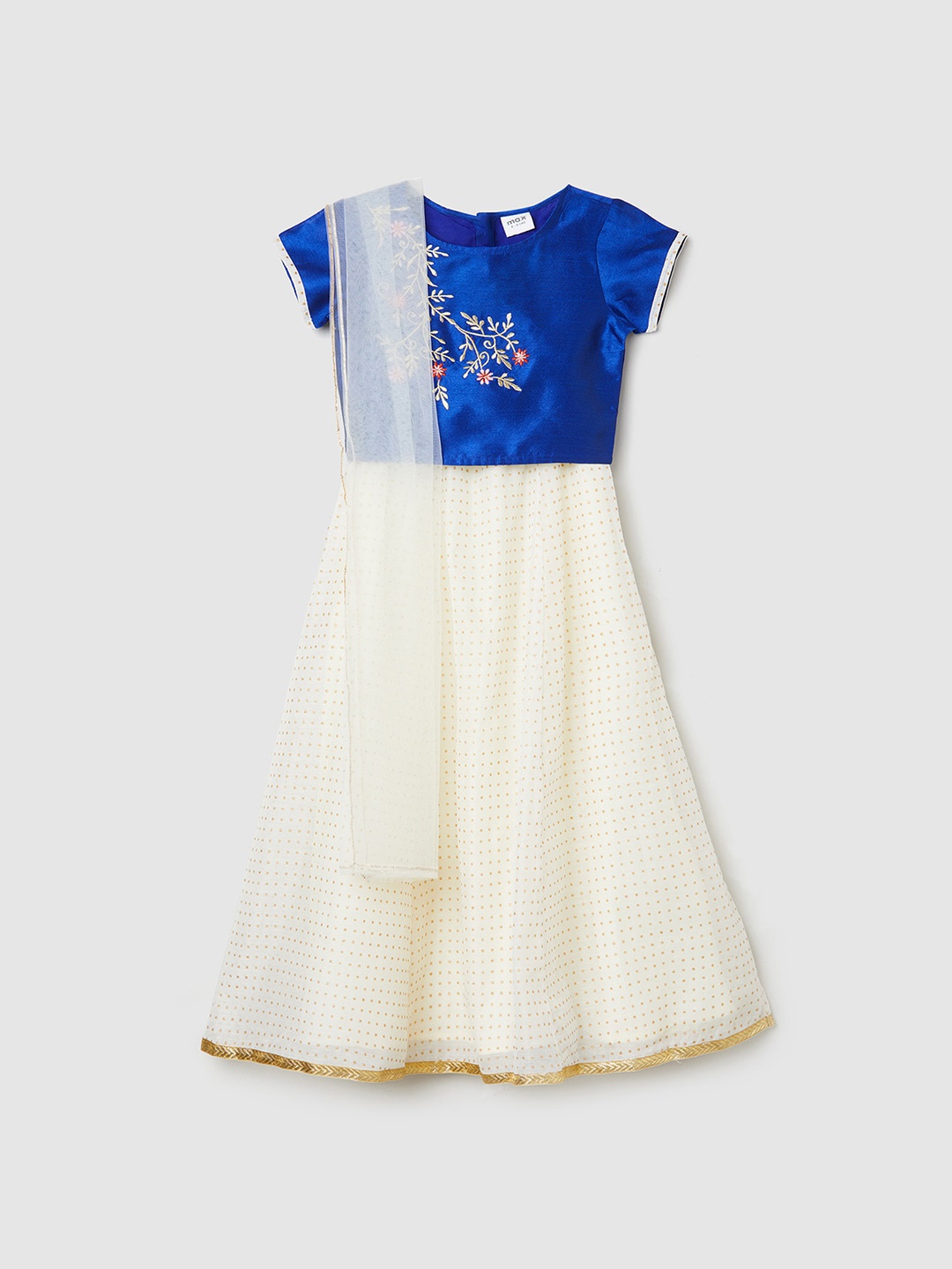 

max Girls Blue & White Embroidered Ready to Wear Lehenga & Blouse With Dupatta