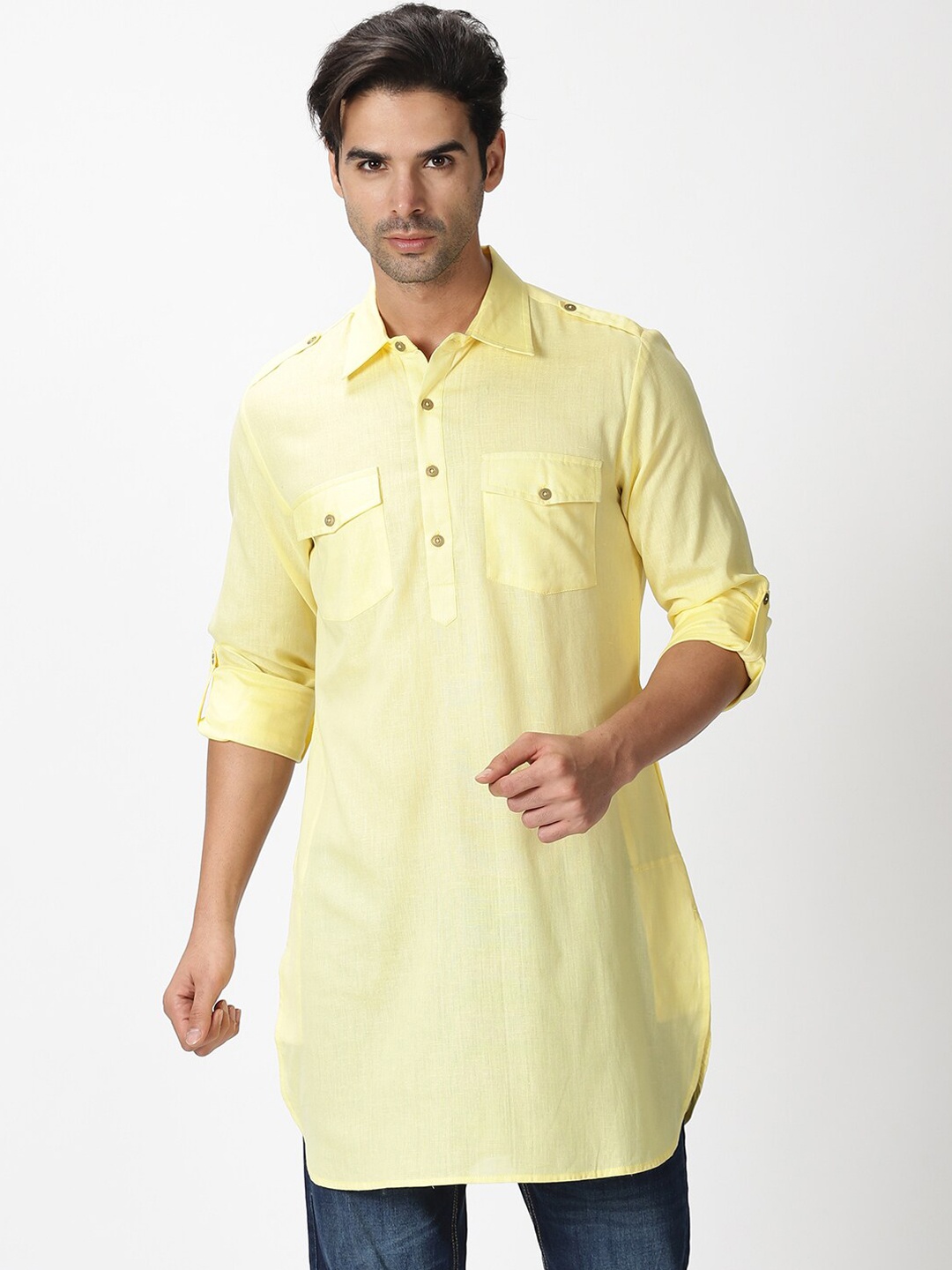 

Saffron Threads Men Yellow Pathani Kurta