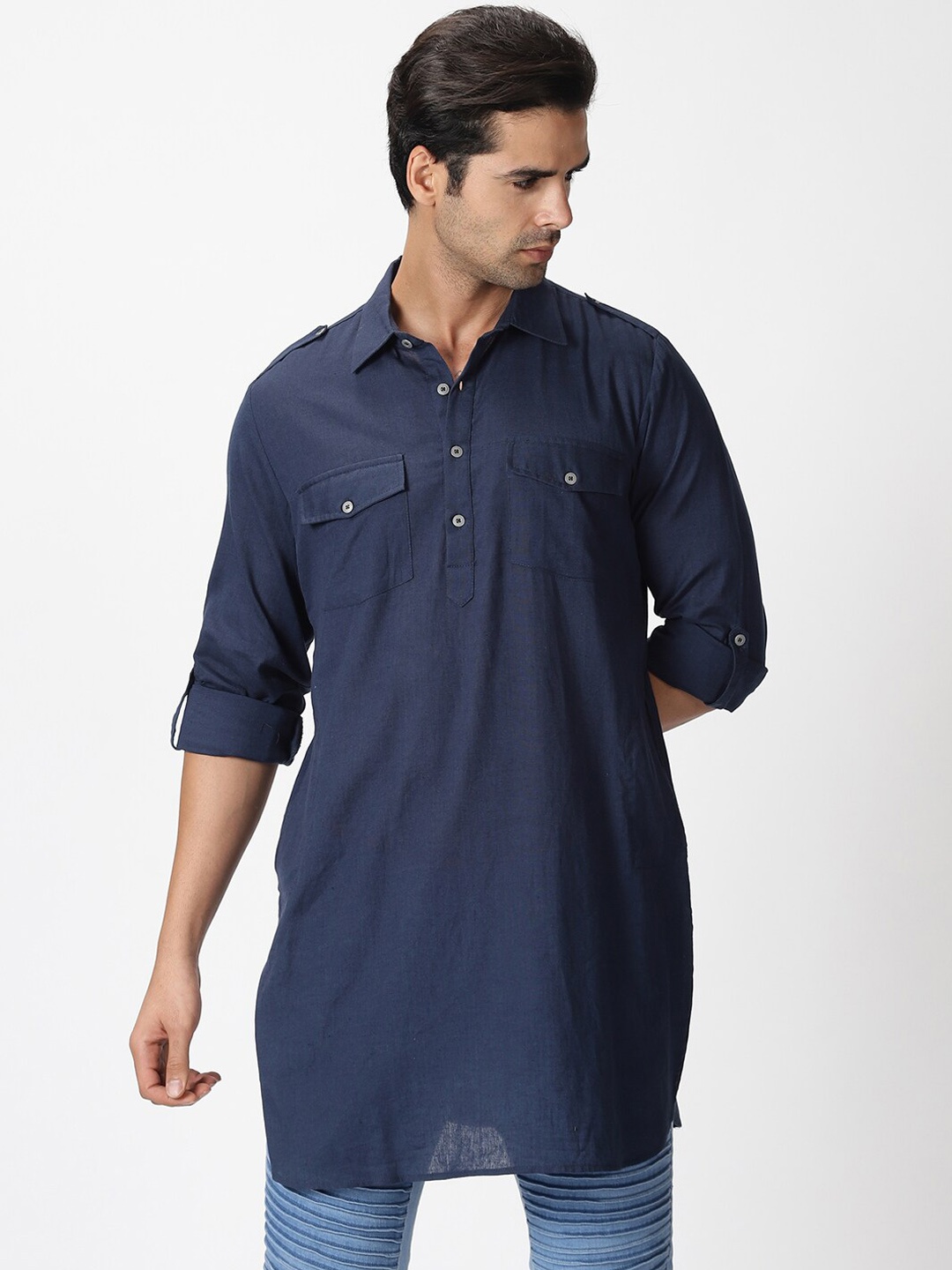 

Saffron Threads Men Navy Blue Pathani Kurta