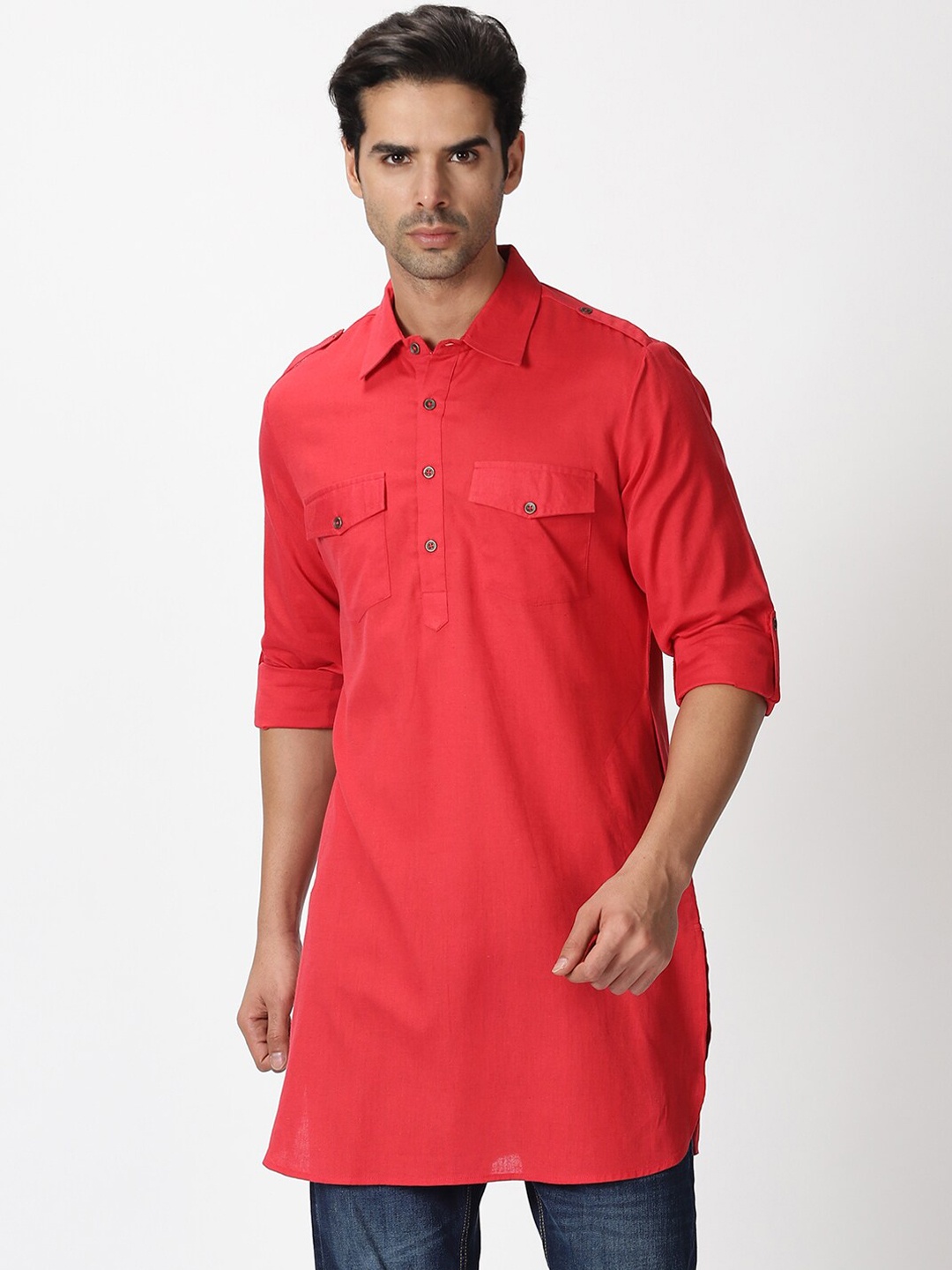 

Saffron Threads Men Red Pathani Kurta