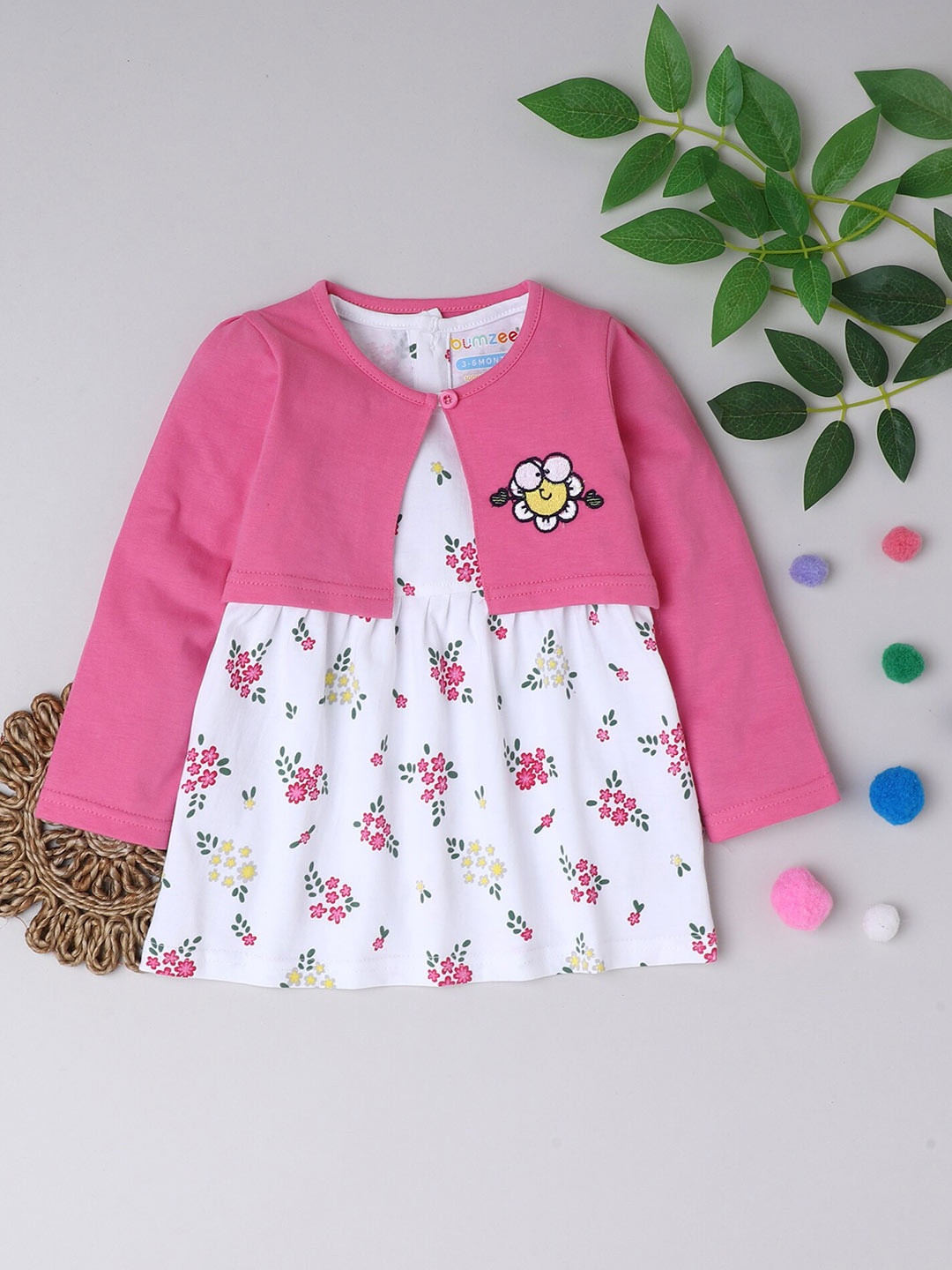 

BUMZEE Girls White & Pink Cotton Floral Printed A-Line Dress With Shrug