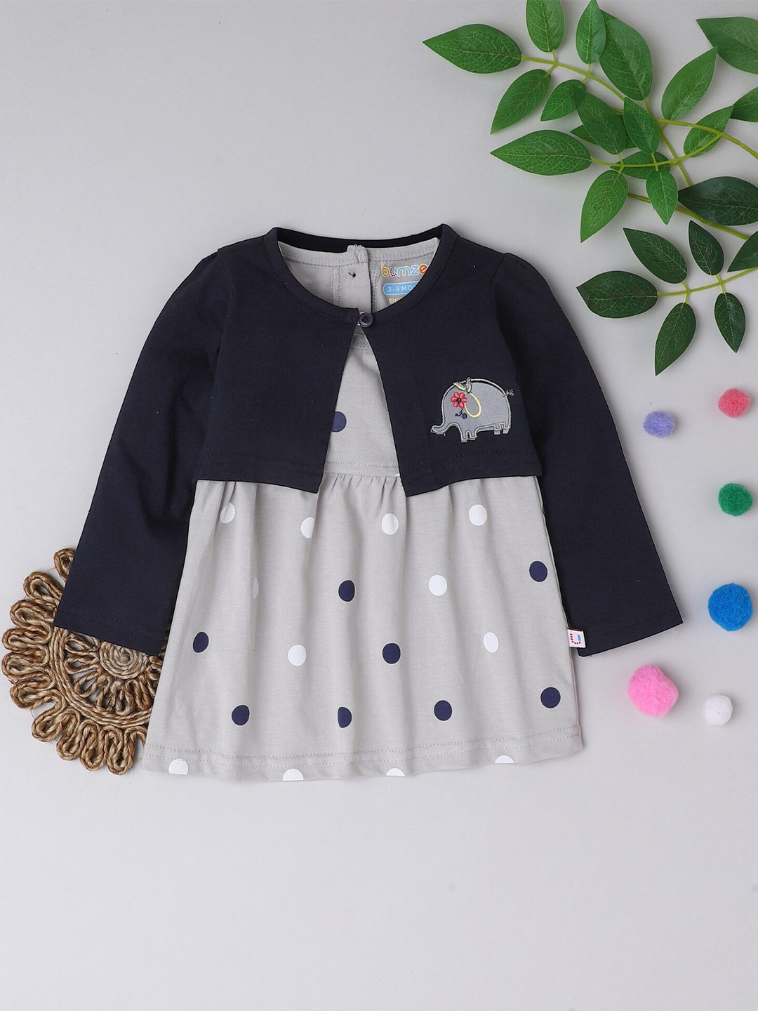 

BUMZEE Girls Grey & Navy Blue Polka Dots Print A-Line Dress with Shrug