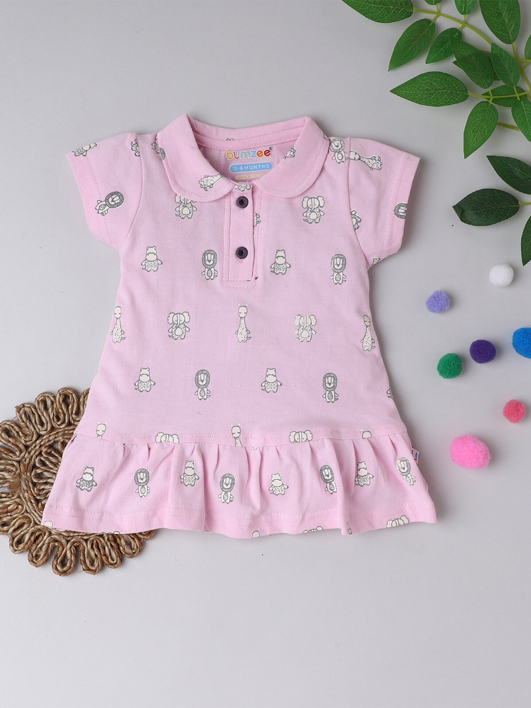 

BUMZEE Girls Pink Printed Peter Pan Collar A-Line Dress