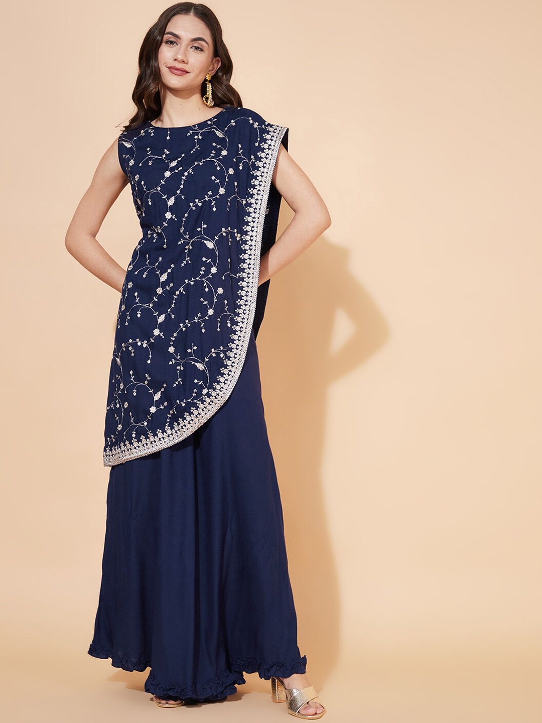 

Envy Me by FASHOR Women Navy Blue Colourblocked Empire Kurta with Trousers & With Dupatta