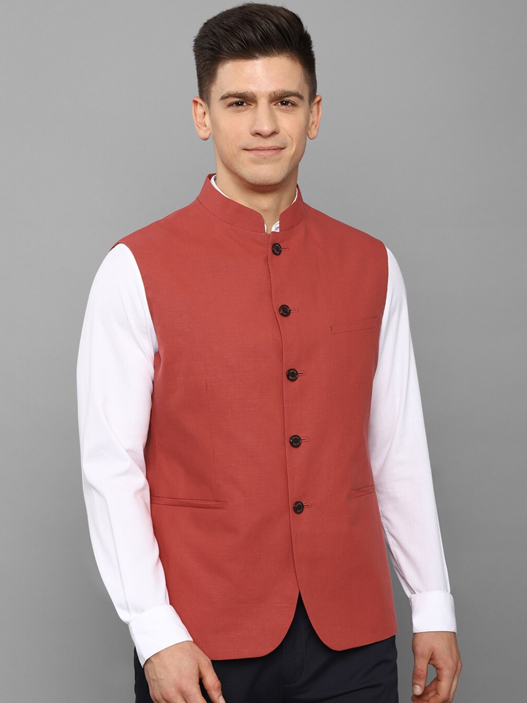 

Allen Solly Men Red Solid Woven Design Nehru Jackets