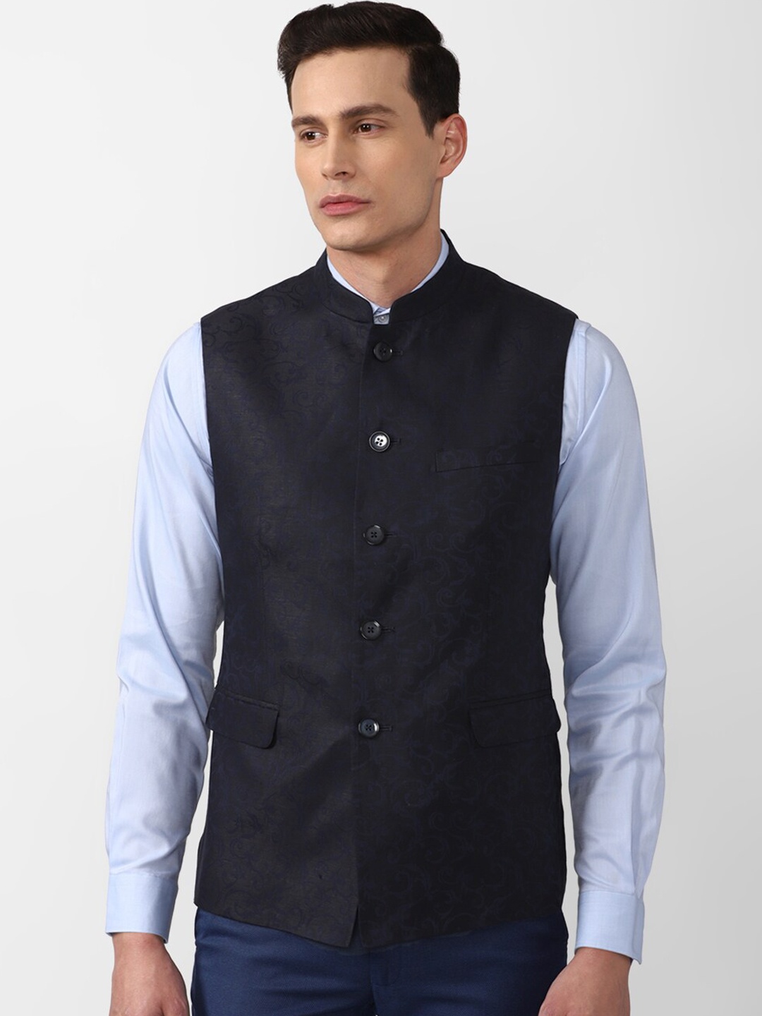 

Van Heusen Men Navy Blue Woven Design Nehru Jacket