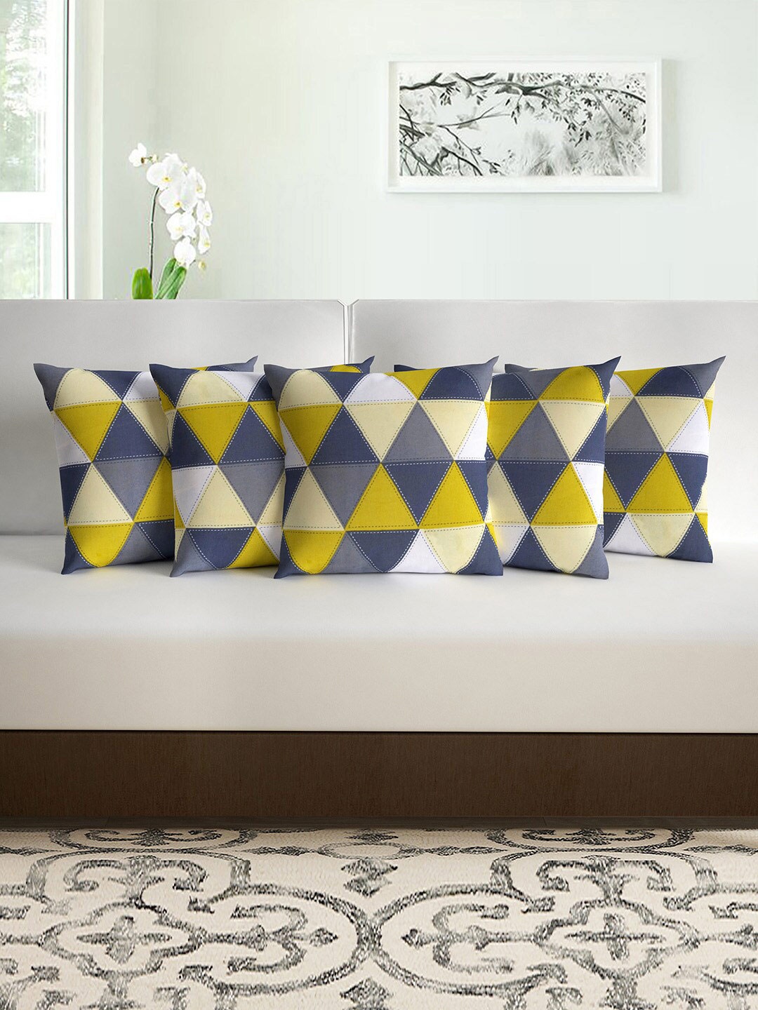 

Divine Casa Grey & Yellow Set of 5 Geometric Square Cushion Covers