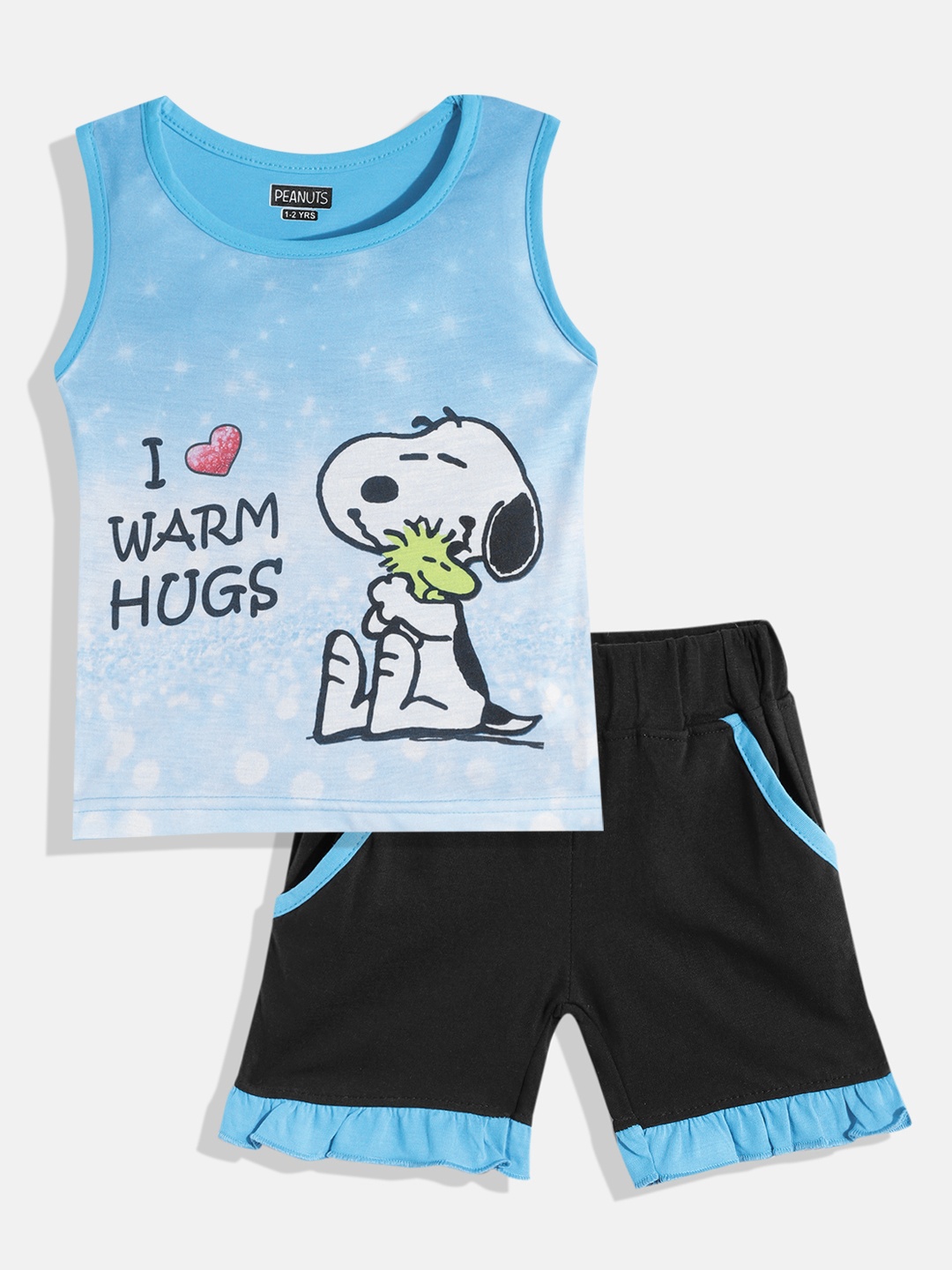 

Eteenz Girls Blue & Black Snoopy Printed T-shirt with Shorts