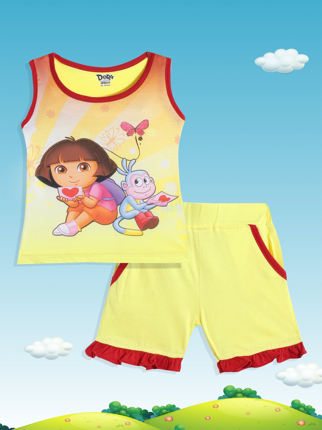 

Eteenz Girls Yellow & Red Dora Printed T-shirt with Shorts