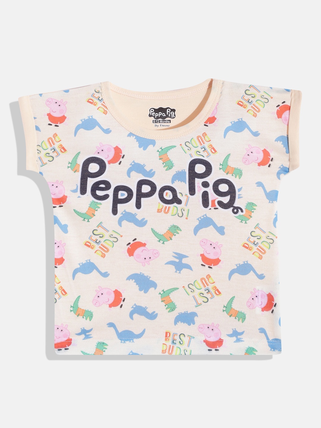 

Eteenz Girls Peach-Coloured & Blue Peppa Pig Printed T-shirt