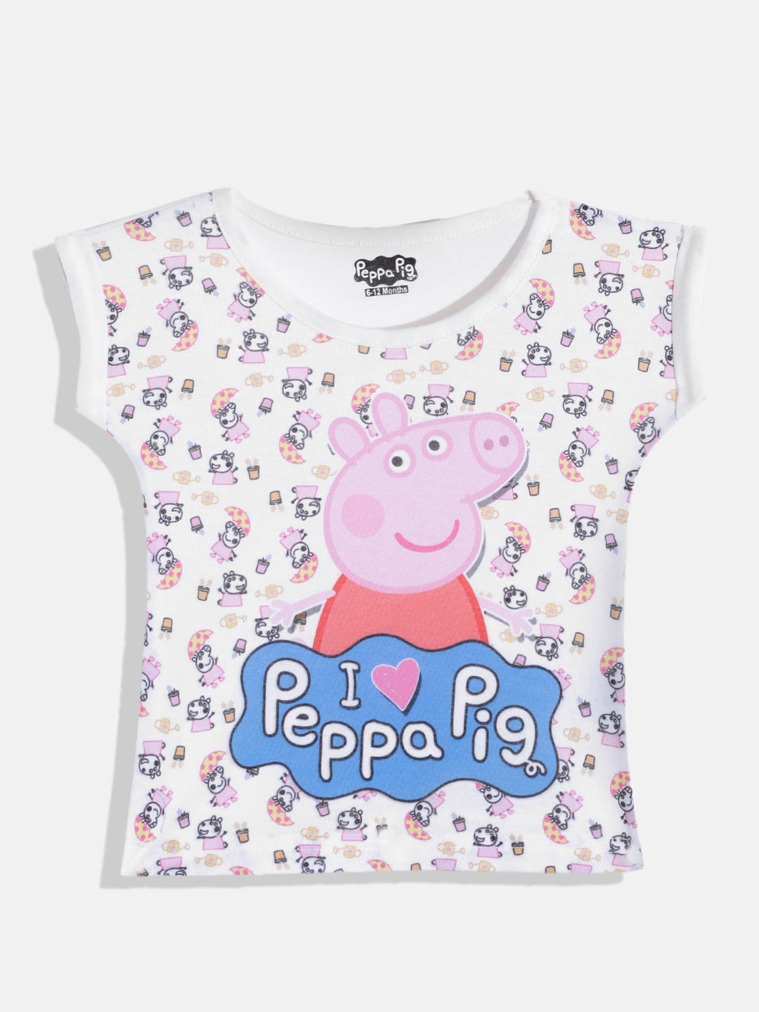 

Eteenz Girls White & Blue Peppa Pig Printed Extended Sleeves Pure Cotton T-shirt