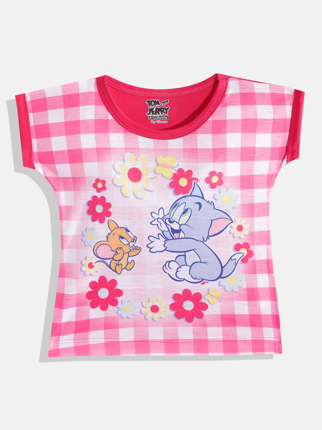 

Eteenz Infant Girls Fuchsia Pink & White Checked Tom & Jerry Extended Sleeves T-shirt