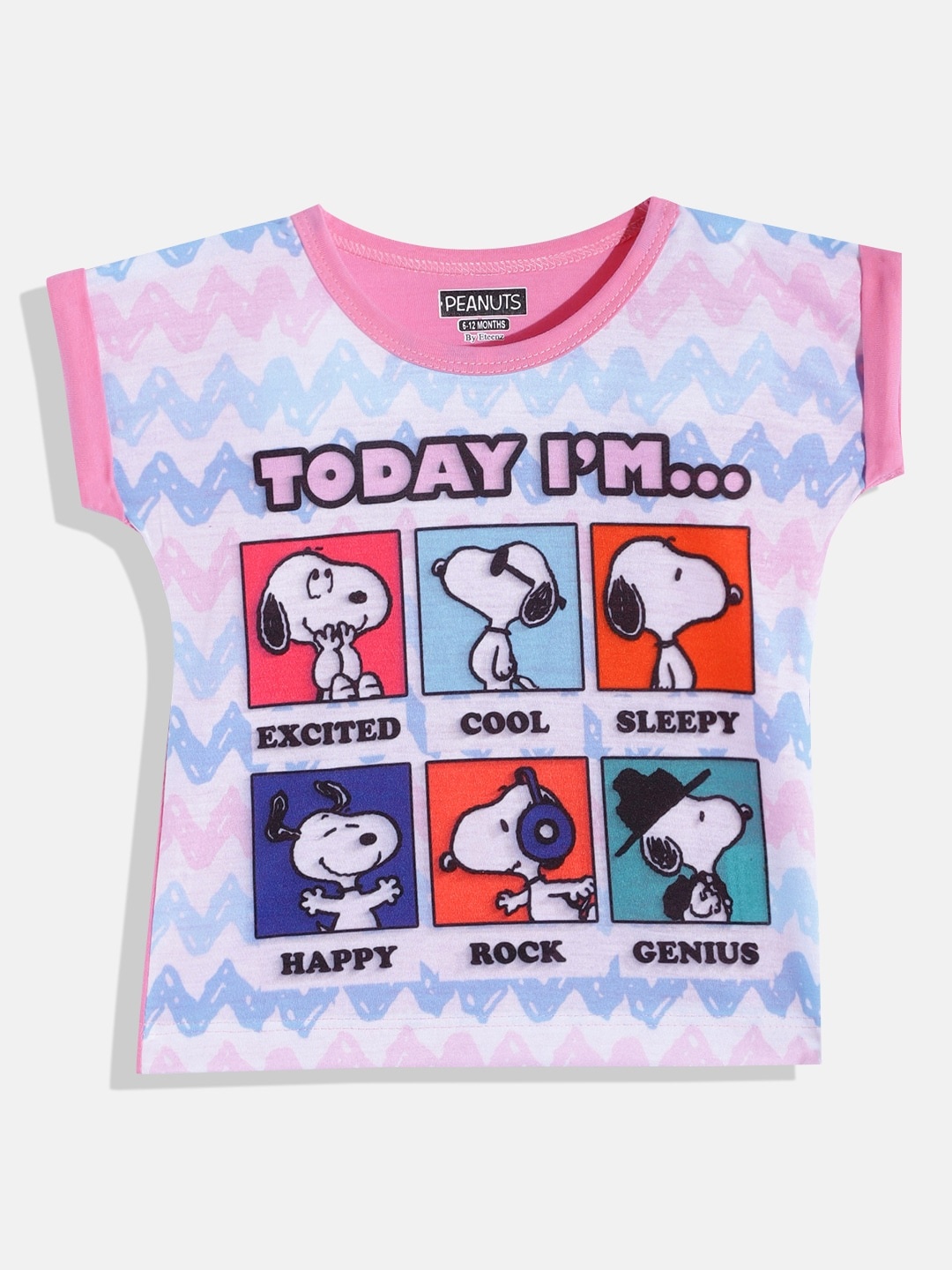 

Eteenz Girls Pink & Blue Peanuts Printed Extended Sleeves Pure Cotton T-shirt